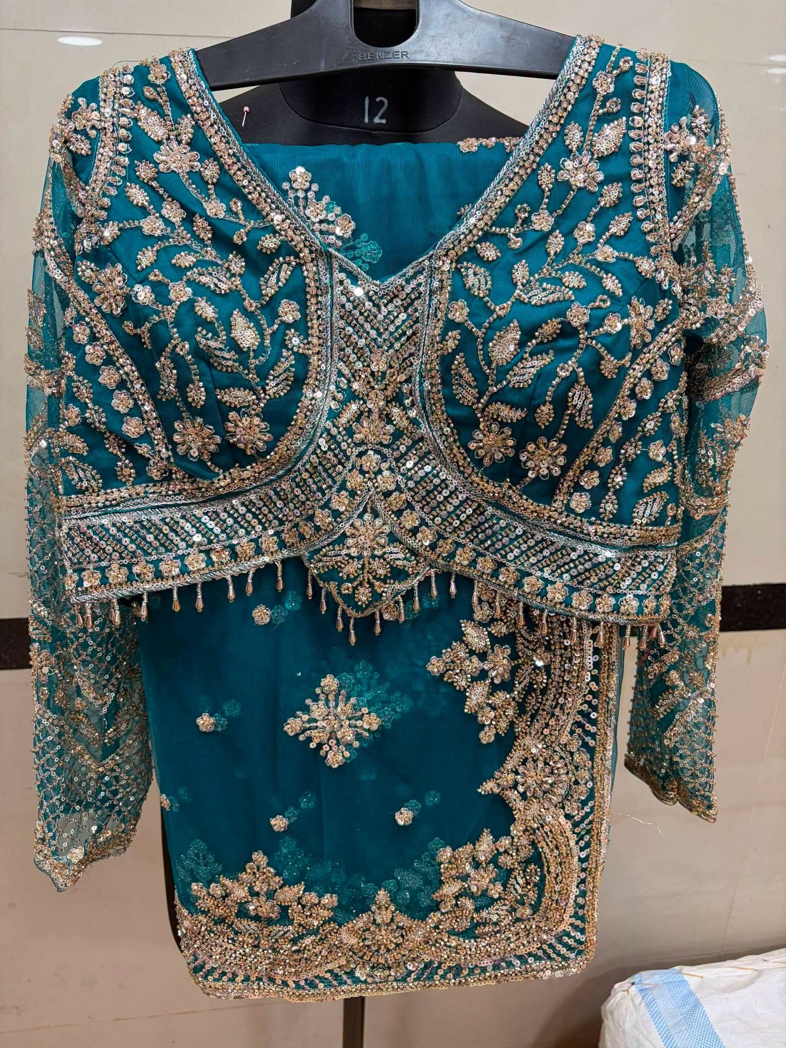 Luxury Designer Soft Net Saree with Heavy Cutdana Beads & Sequins Embroidery Work Saree with Readymade Blouse - Teal (SC99224) - Image 3