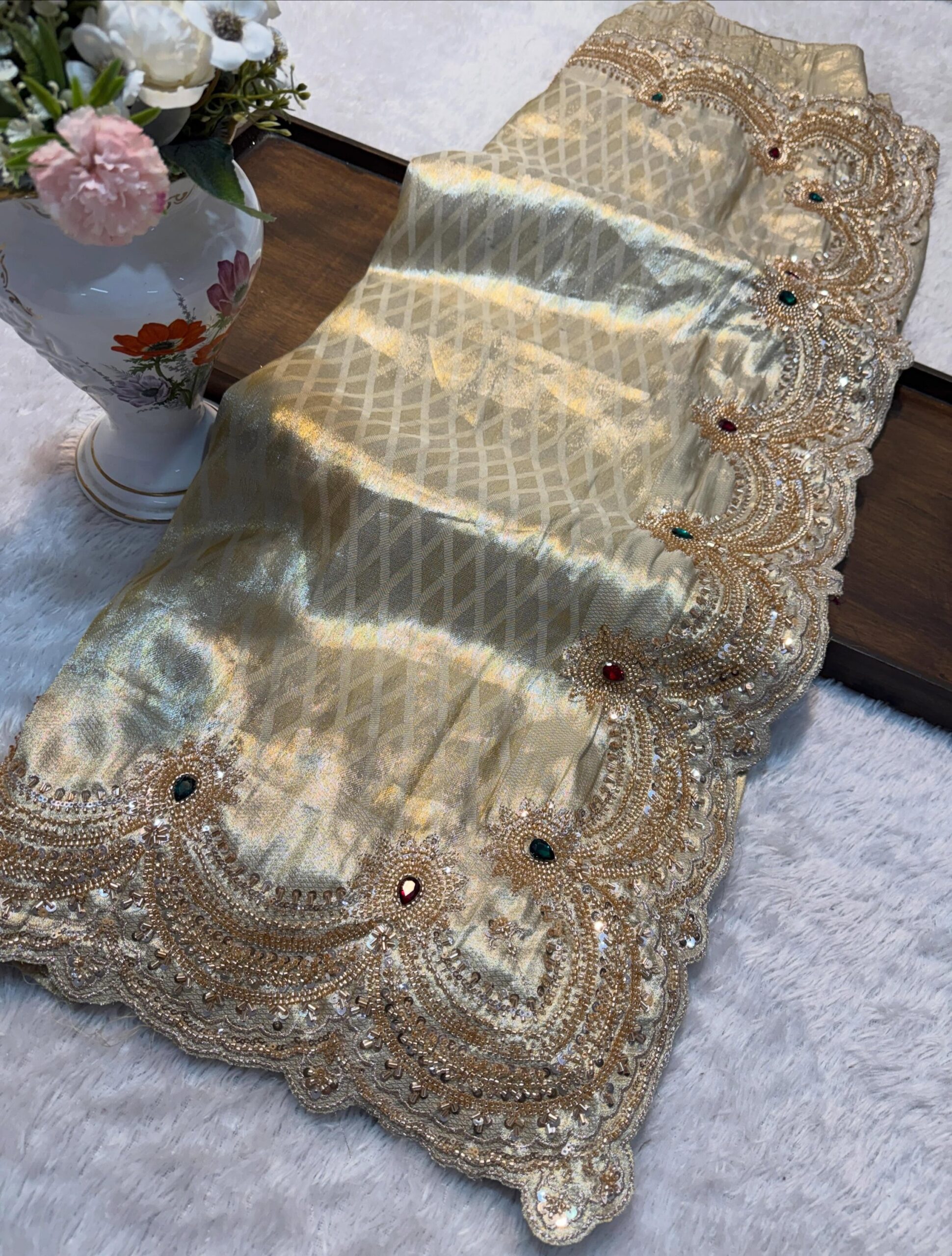 Luxury Banarasi Giraffe Silk Saree with Heavy Cutdana Beads Work & Multicolour Stone Work - Gold (SC51116)