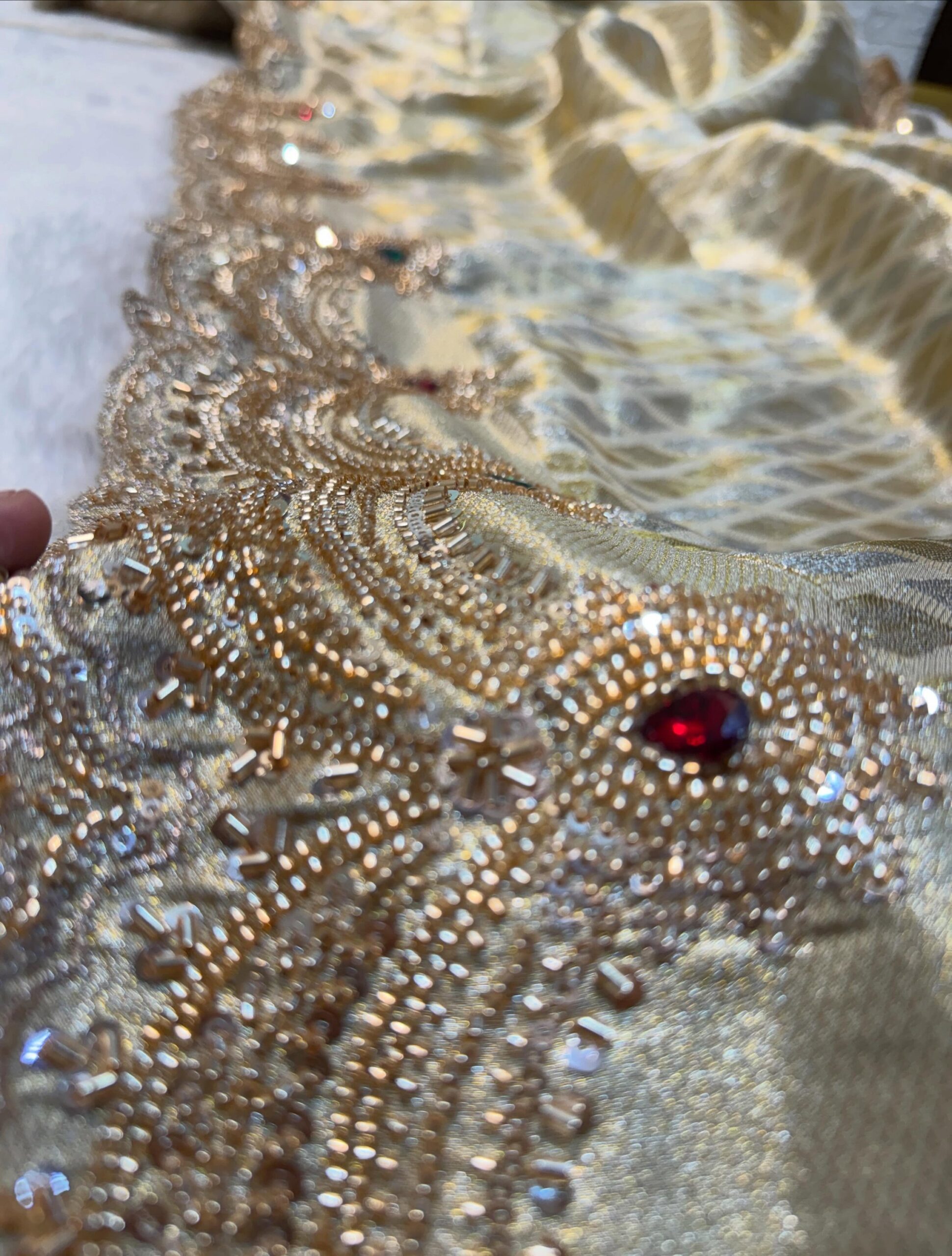 Luxury Banarasi Giraffe Silk Saree with Heavy Cutdana Beads Work & Multicolour Stone Work - Gold (SC51116) - Image 4