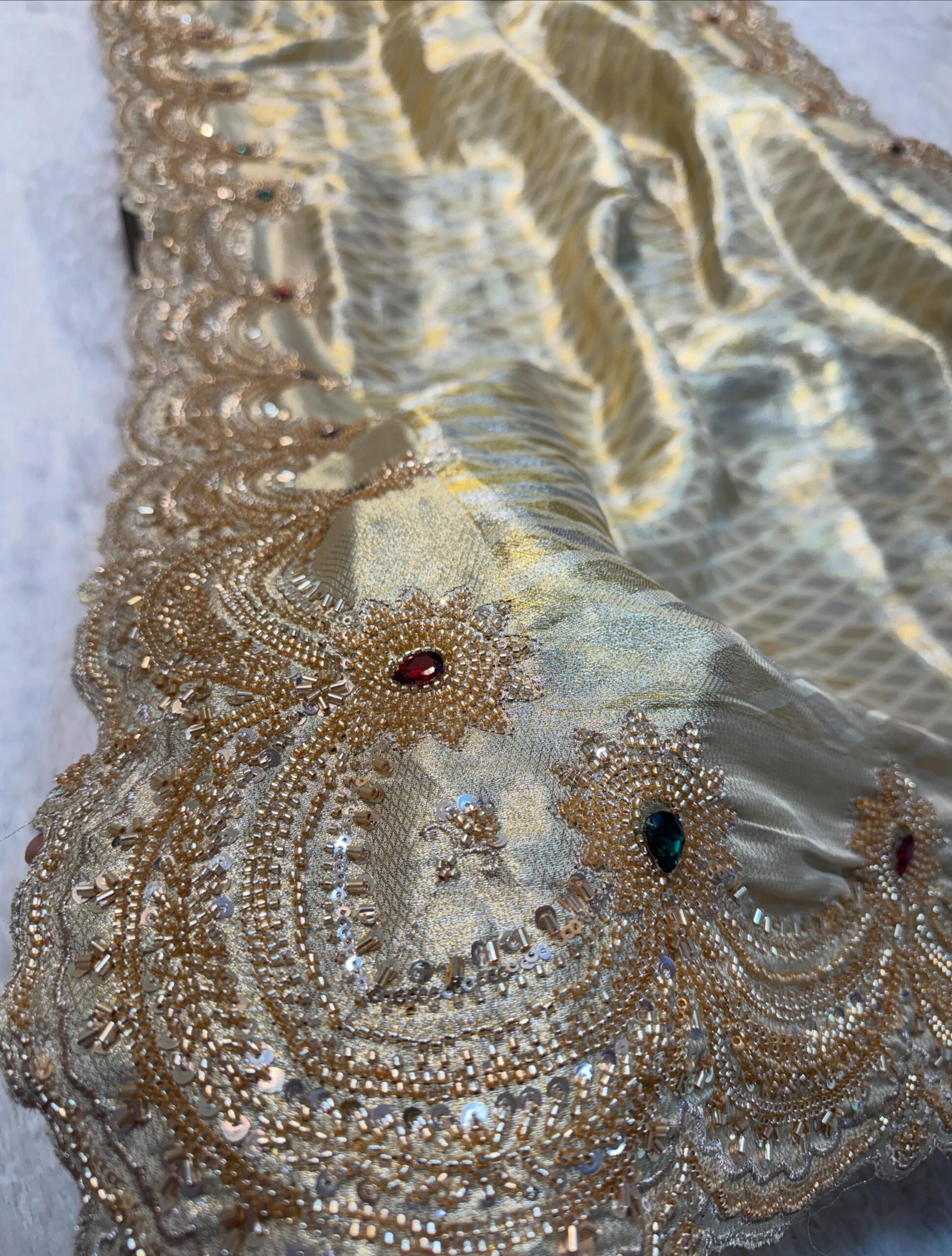 Luxury Banarasi Giraffe Silk Saree with Heavy Cutdana Beads Work & Multicolour Stone Work - Gold (SC51116) - Image 3