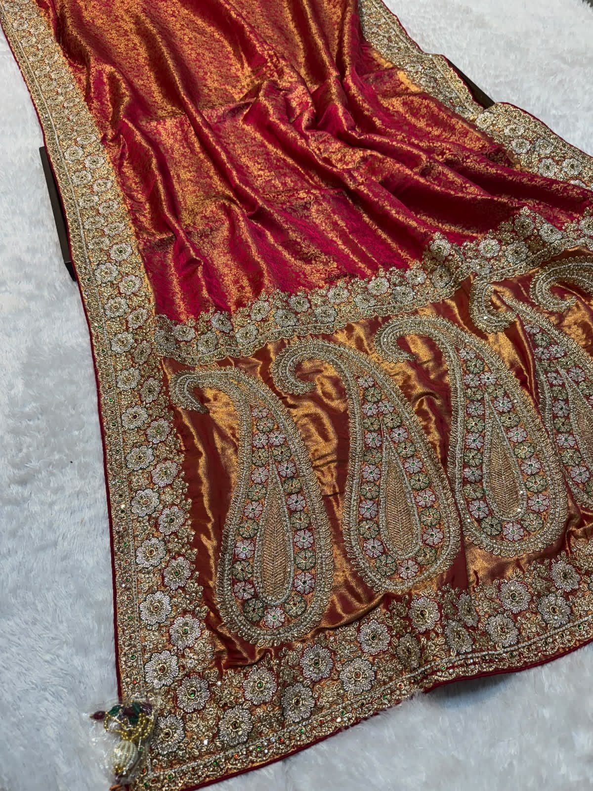 Luxury Banarasi Jacquard Silk Saree with Zardozi, Beads & Stone Work - Rani (SC51222)