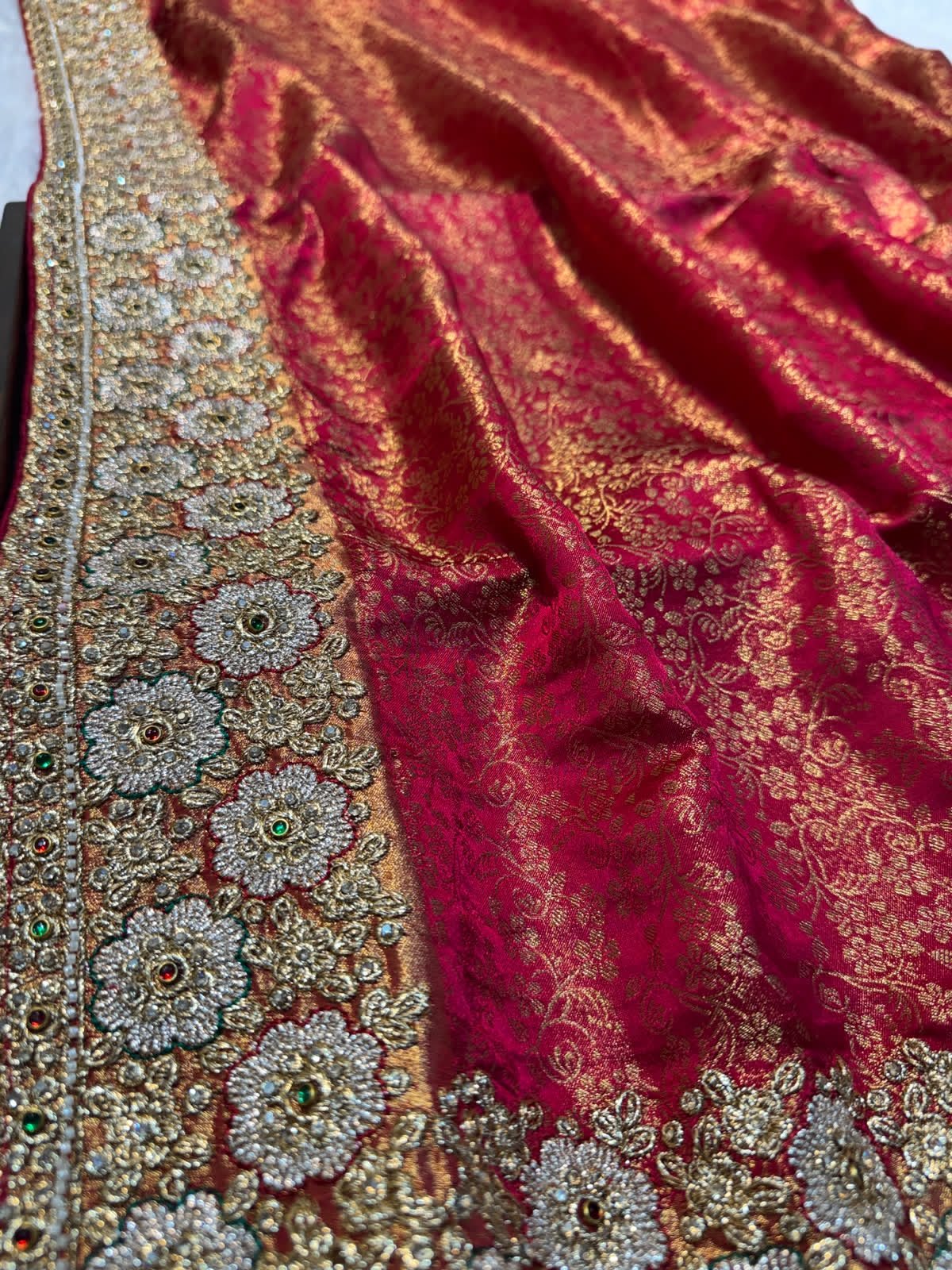Luxury Banarasi Jacquard Silk Saree with Zardozi, Beads & Stone Work - Rani (SC51222) - Image 3