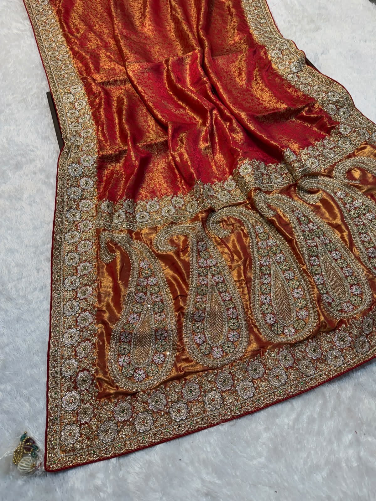Luxury Banarasi Jacquard Silk Saree with Zardozi, Beads & Stone Work - Red (SC51223)