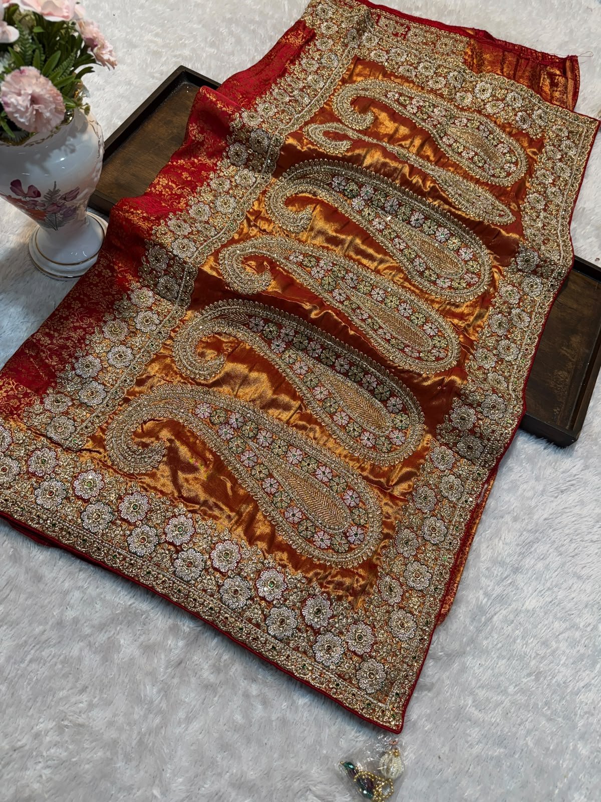 Luxury Banarasi Jacquard Silk Saree with Zardozi, Beads & Stone Work - Red (SC51223) - Image 2