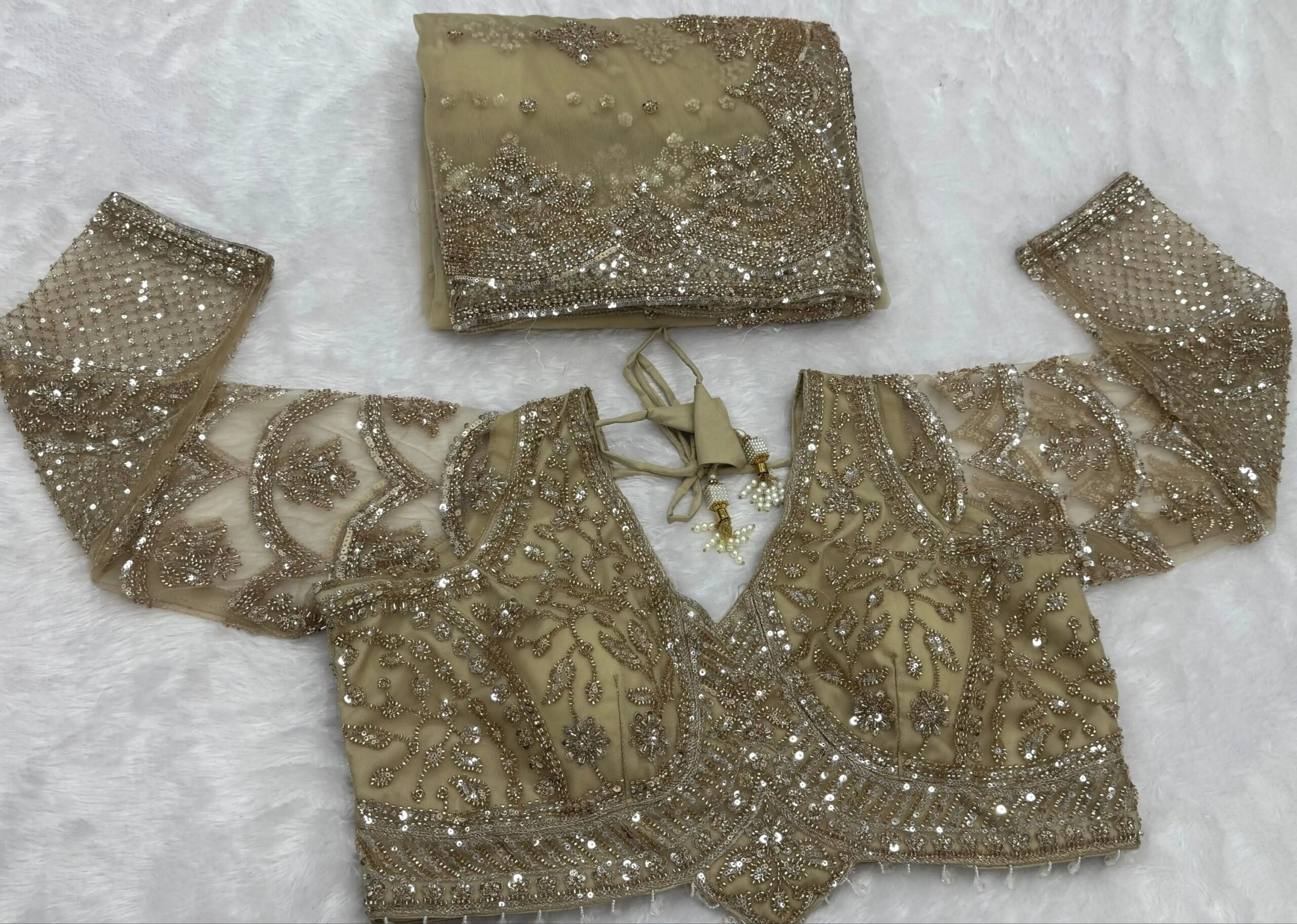 Luxury Designer Soft Net Saree with Heavy Cutdana Beads & Sequins Embroidery Work with Readymade Blouse - Champagne Gold (SC99228) - Image 2