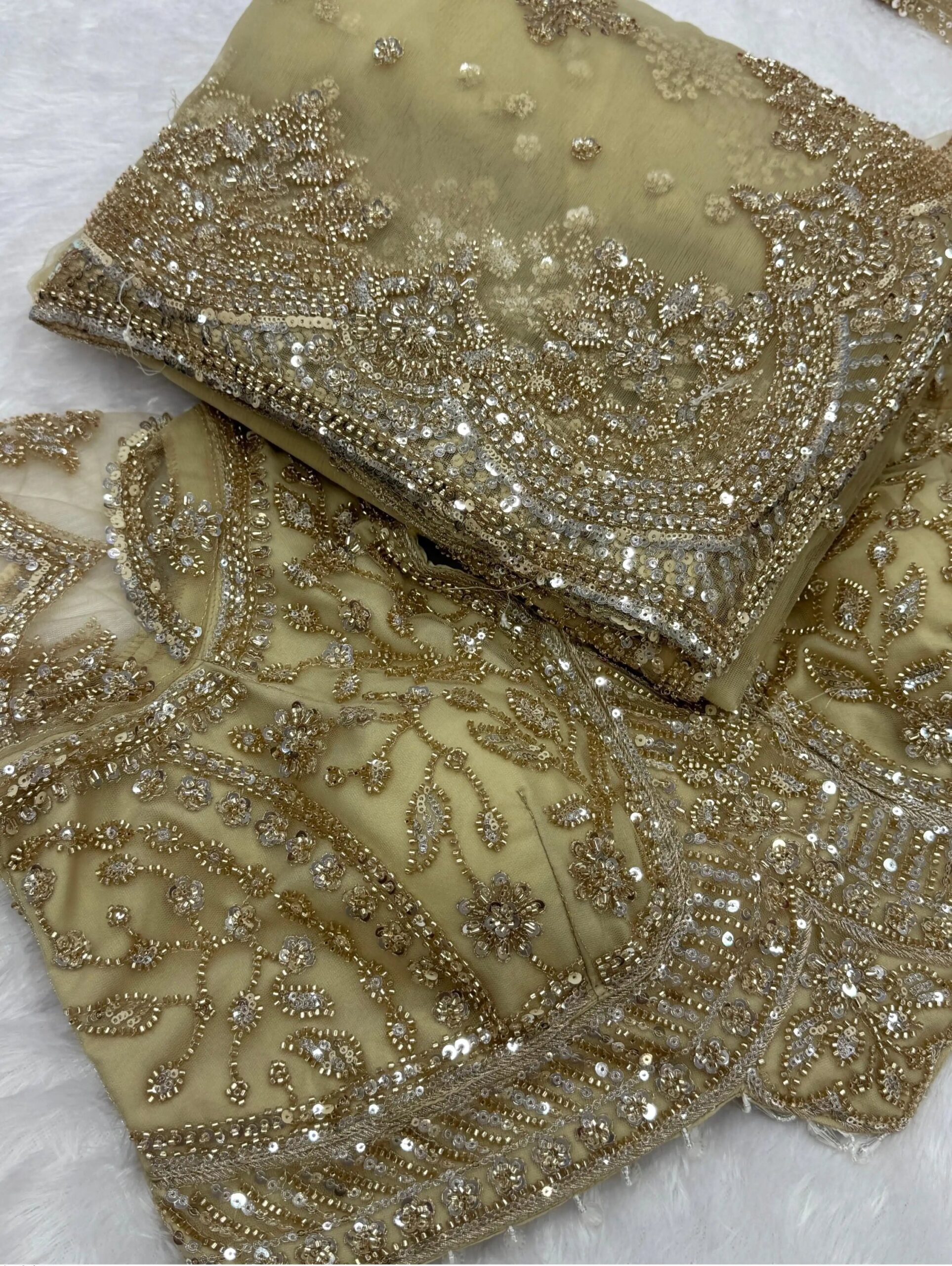 Luxury Designer Soft Net Saree with Heavy Cutdana Beads & Sequins Embroidery Work with Readymade Blouse - Champagne Gold (SC99228)