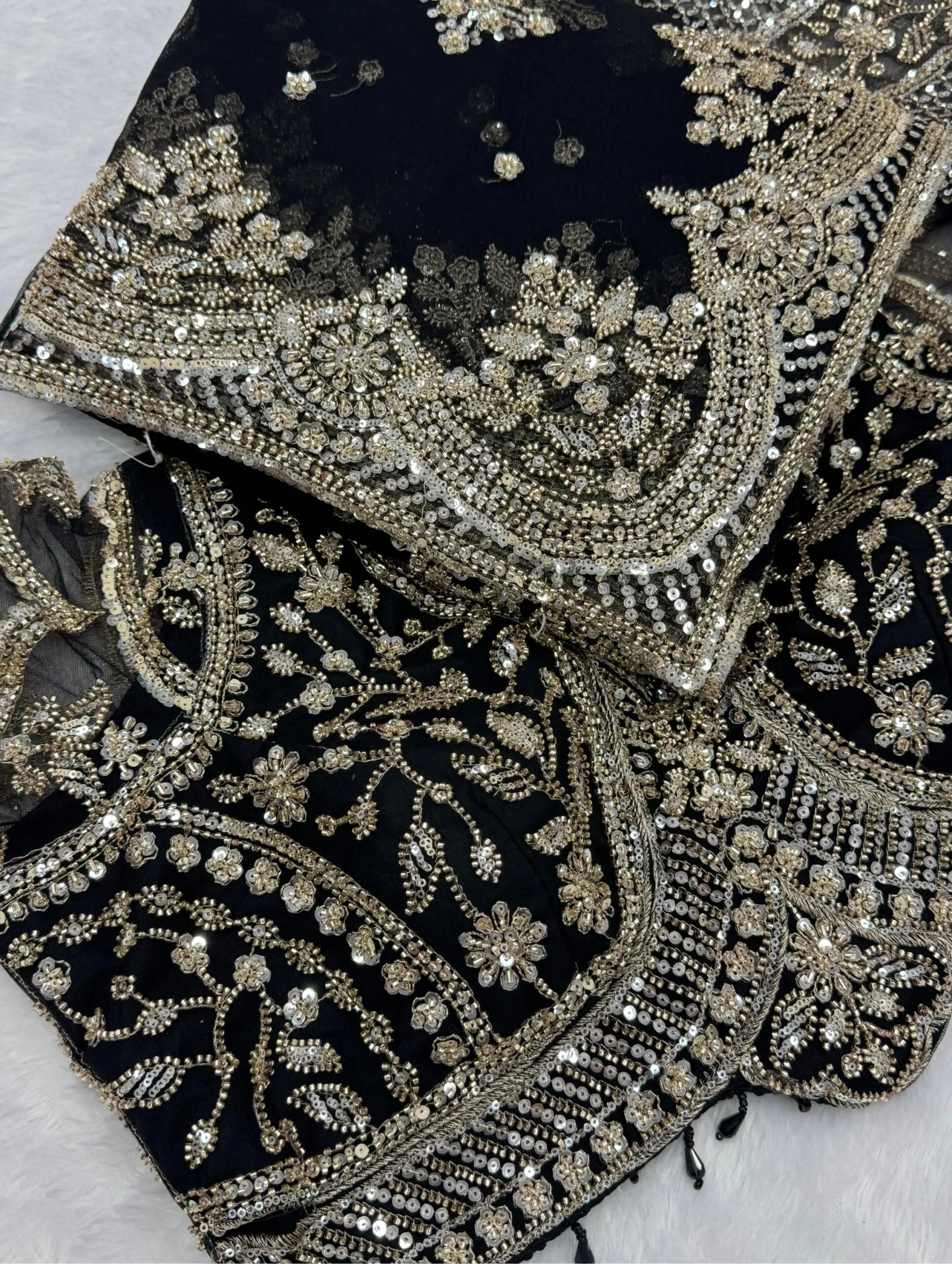 Luxury Designer Soft Net Saree with Heavy Cutdana Beads & Sequins Embroidery Work Saree with Readymade Blouse - Black (SC99221)