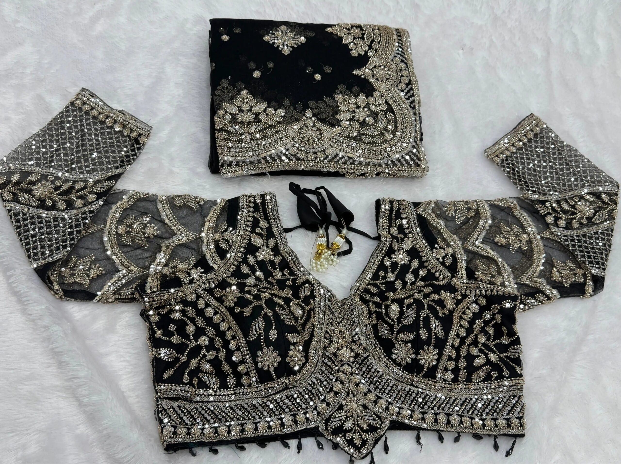 Luxury Designer Soft Net Saree with Heavy Cutdana Beads & Sequins Embroidery Work Saree with Readymade Blouse - Black (SC99221) - Image 2