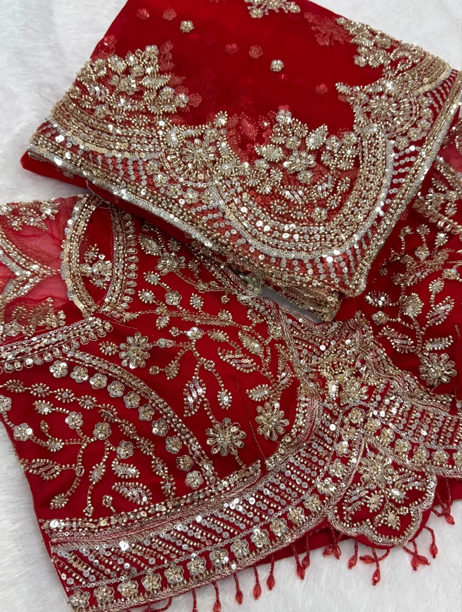Luxury Designer Soft Net Saree with Heavy Cutdana Beads & Sequins Embroidery Work Saree with Readymade Blouse - Red (SC99225)