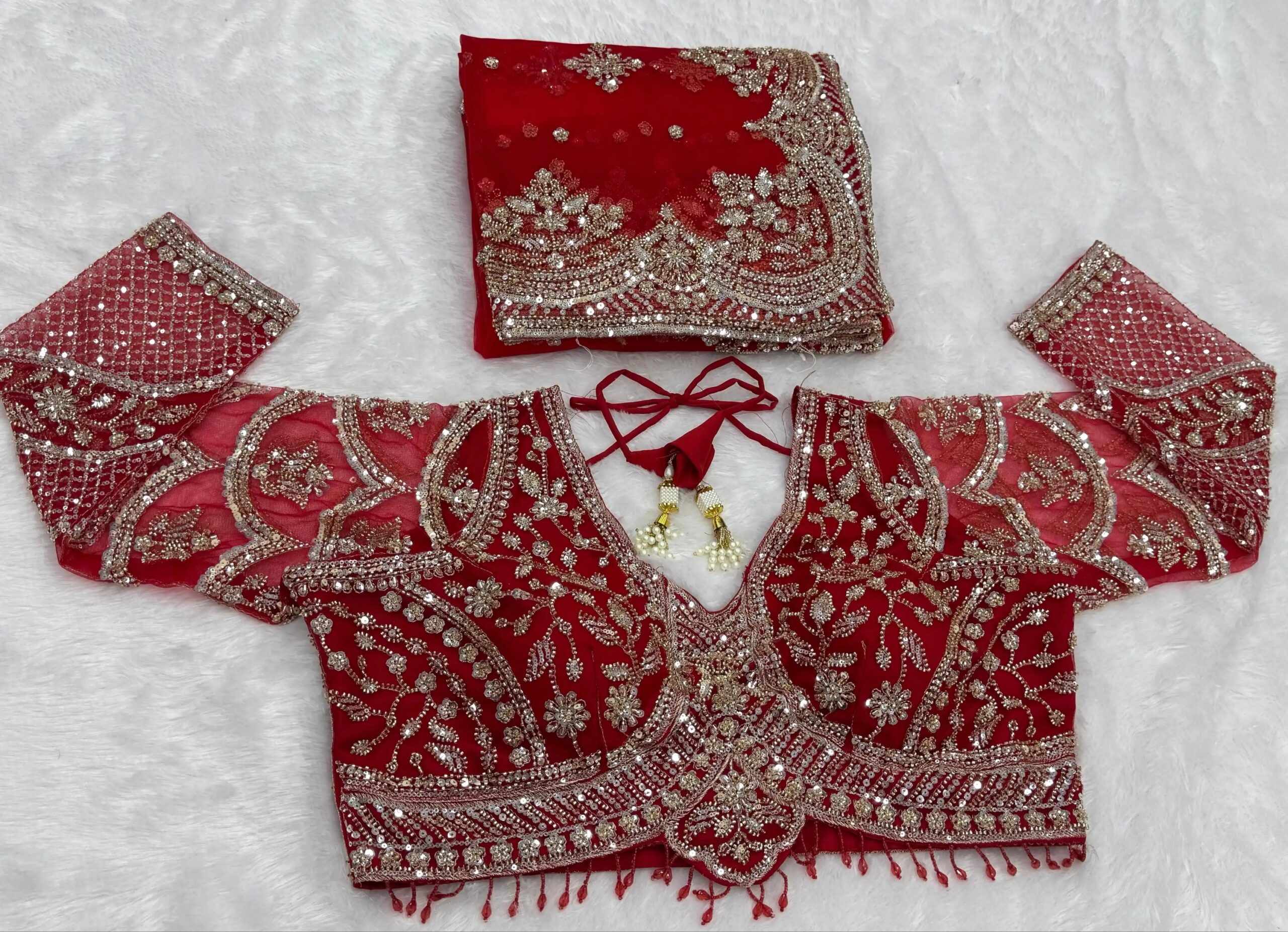 Luxury Designer Soft Net Saree with Heavy Cutdana Beads & Sequins Embroidery Work Saree with Readymade Blouse - Red (SC99225) - Image 2