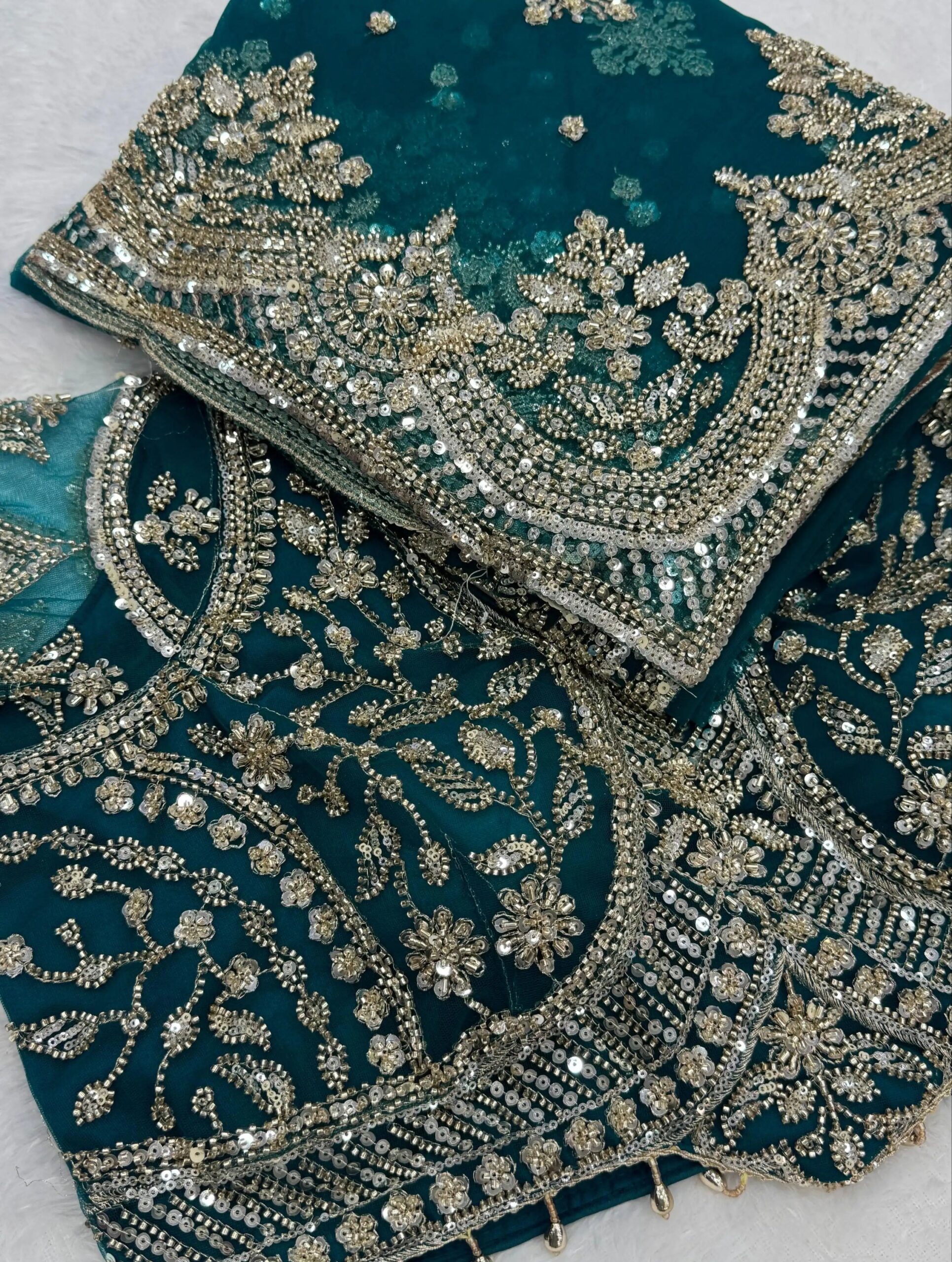 Luxury Designer Soft Net Saree with Heavy Cutdana Beads & Sequins Embroidery Work Saree with Readymade Blouse - Teal (SC99224)
