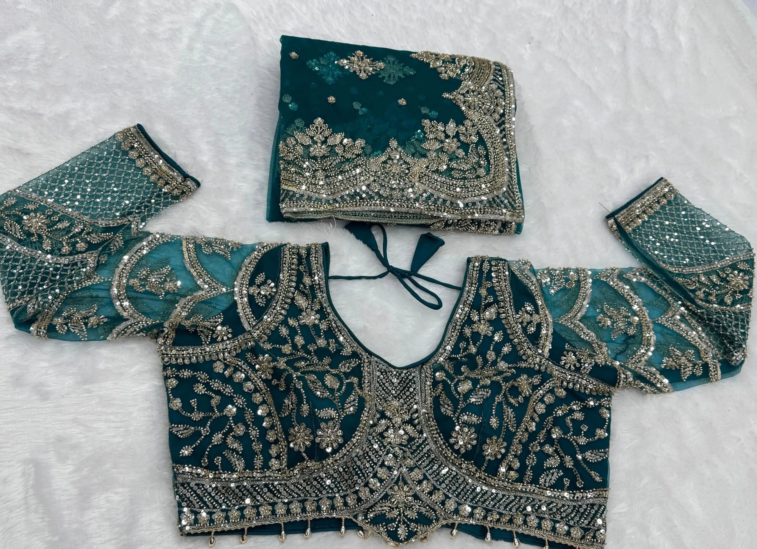 Luxury Designer Soft Net Saree with Heavy Cutdana Beads & Sequins Embroidery Work Saree with Readymade Blouse - Teal (SC99224) - Image 2