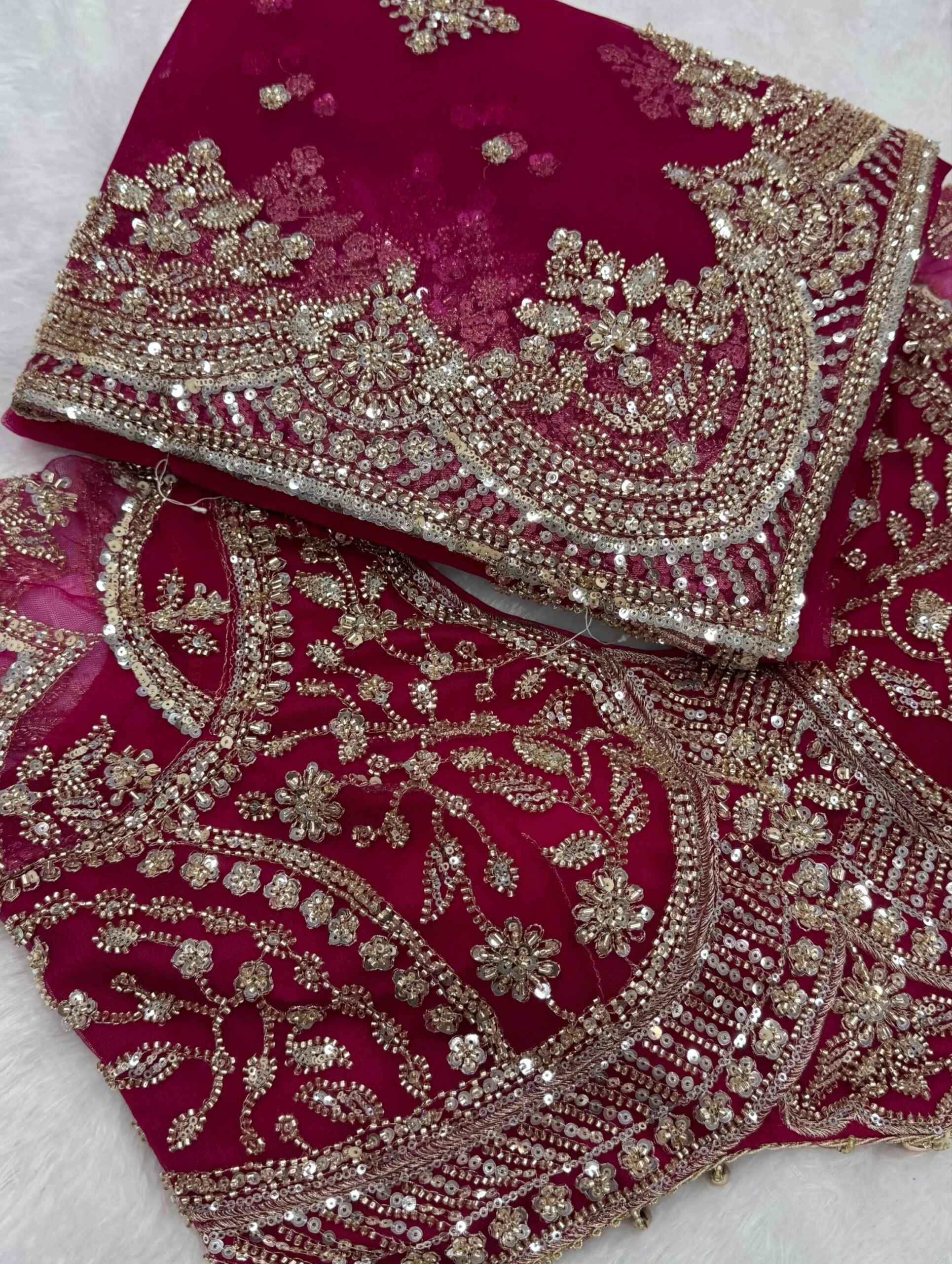 Luxury Designer Soft Net Saree with Heavy Cutdana Beads & Sequins Embroidery Work with Readymade Blouse - Rani Pink (SC99227)