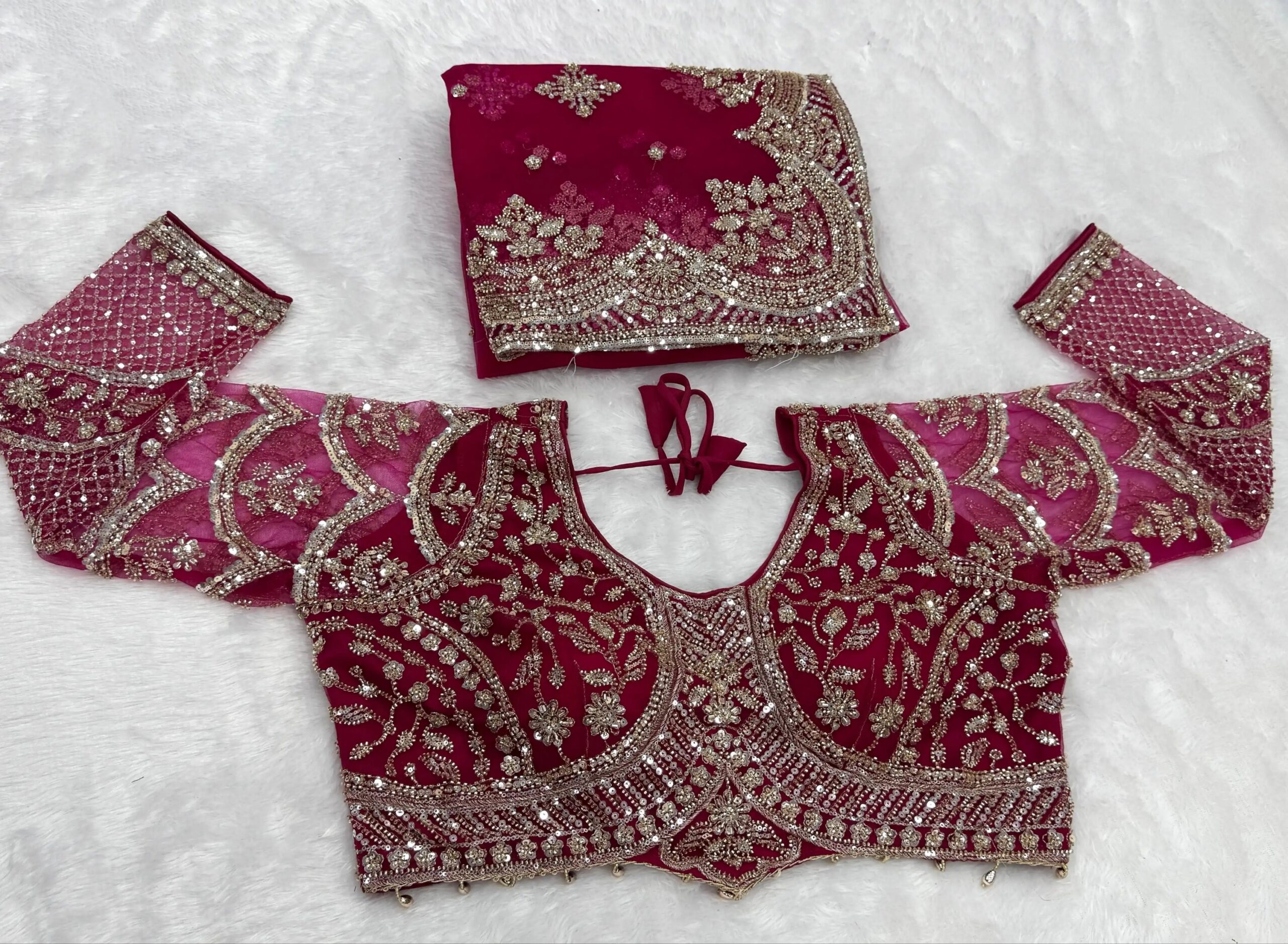 Luxury Designer Soft Net Saree with Heavy Cutdana Beads & Sequins Embroidery Work with Readymade Blouse - Rani Pink (SC99227) - Image 2