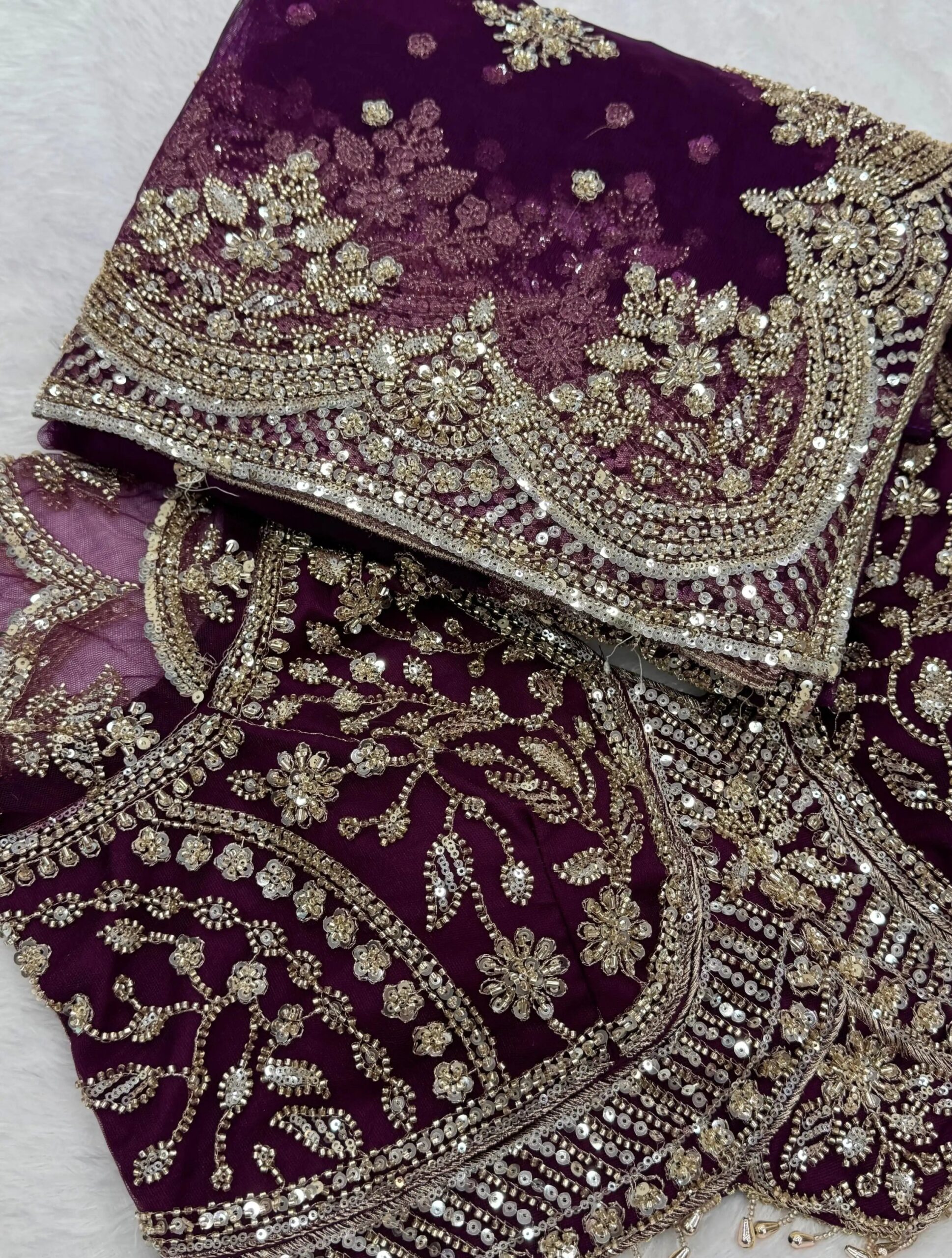Luxury Designer Soft Net Saree with Heavy Cutdana Beads & Sequins Embroidery Work Saree with Readymade Blouse - Magenta Wine (SC99226)