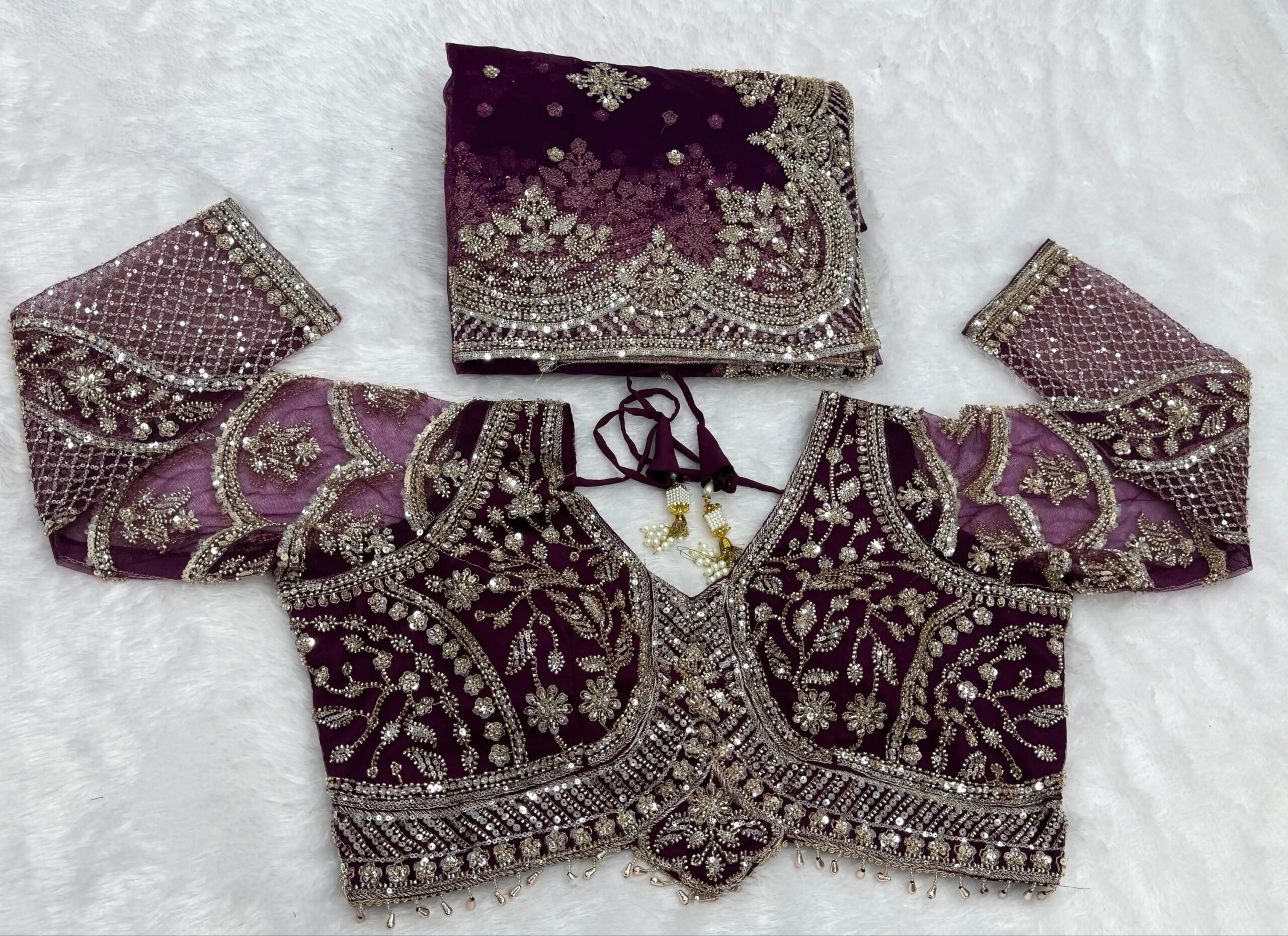 Luxury Designer Soft Net Saree with Heavy Cutdana Beads & Sequins Embroidery Work Saree with Readymade Blouse - Magenta Wine (SC99226) - Image 2