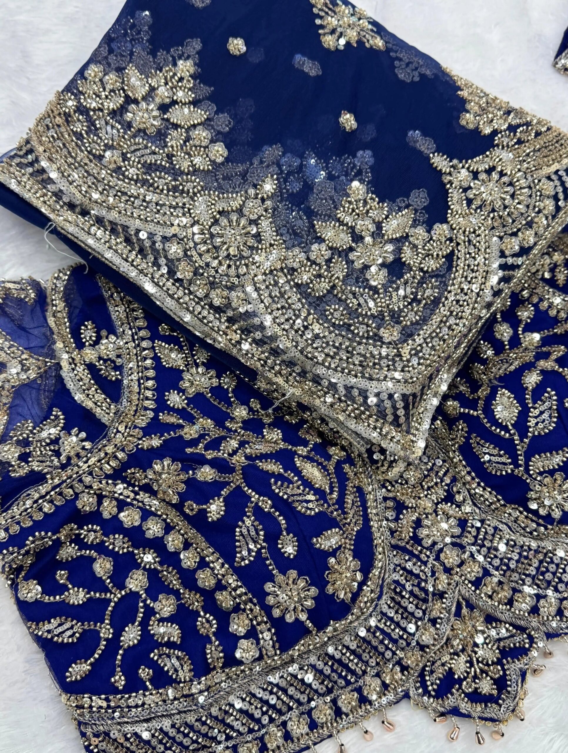 Luxury Designer Soft Net Saree with Heavy Cutdana Beads & Sequins Embroidery Work Saree with Readymade Blouse - Blue (SC99223)
