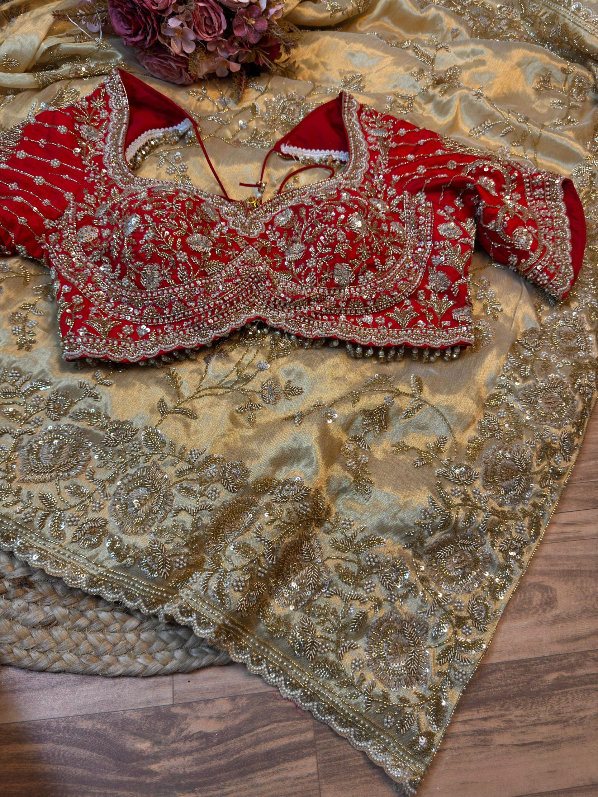 Luxury Kanjivaram Silk Saree with Heavy Dabka & Zari Work with Readymade Blouse - Champagne Gold (SC57111)