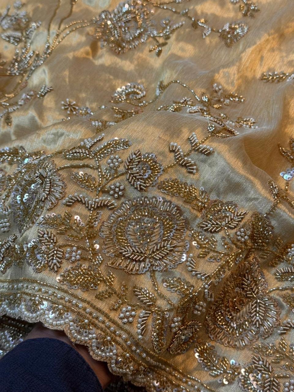 Luxury Kanjivaram Silk Saree with Heavy Dabka & Zari Work with Readymade Blouse - Champagne Gold (SC57111) - Image 4