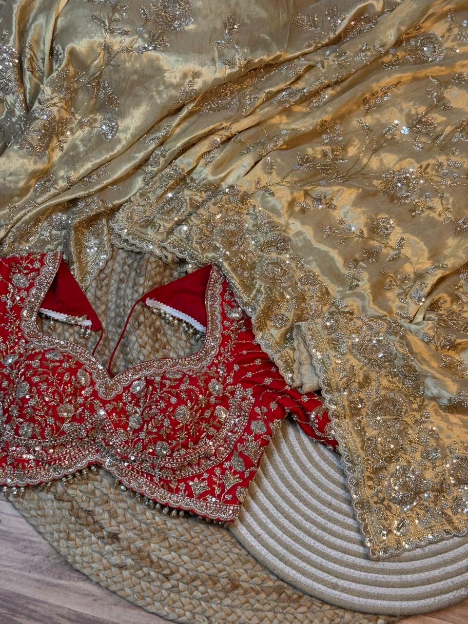 Luxury Kanjivaram Silk Saree with Heavy Dabka & Zari Work with Readymade Blouse - Champagne Gold (SC57111) - Image 5