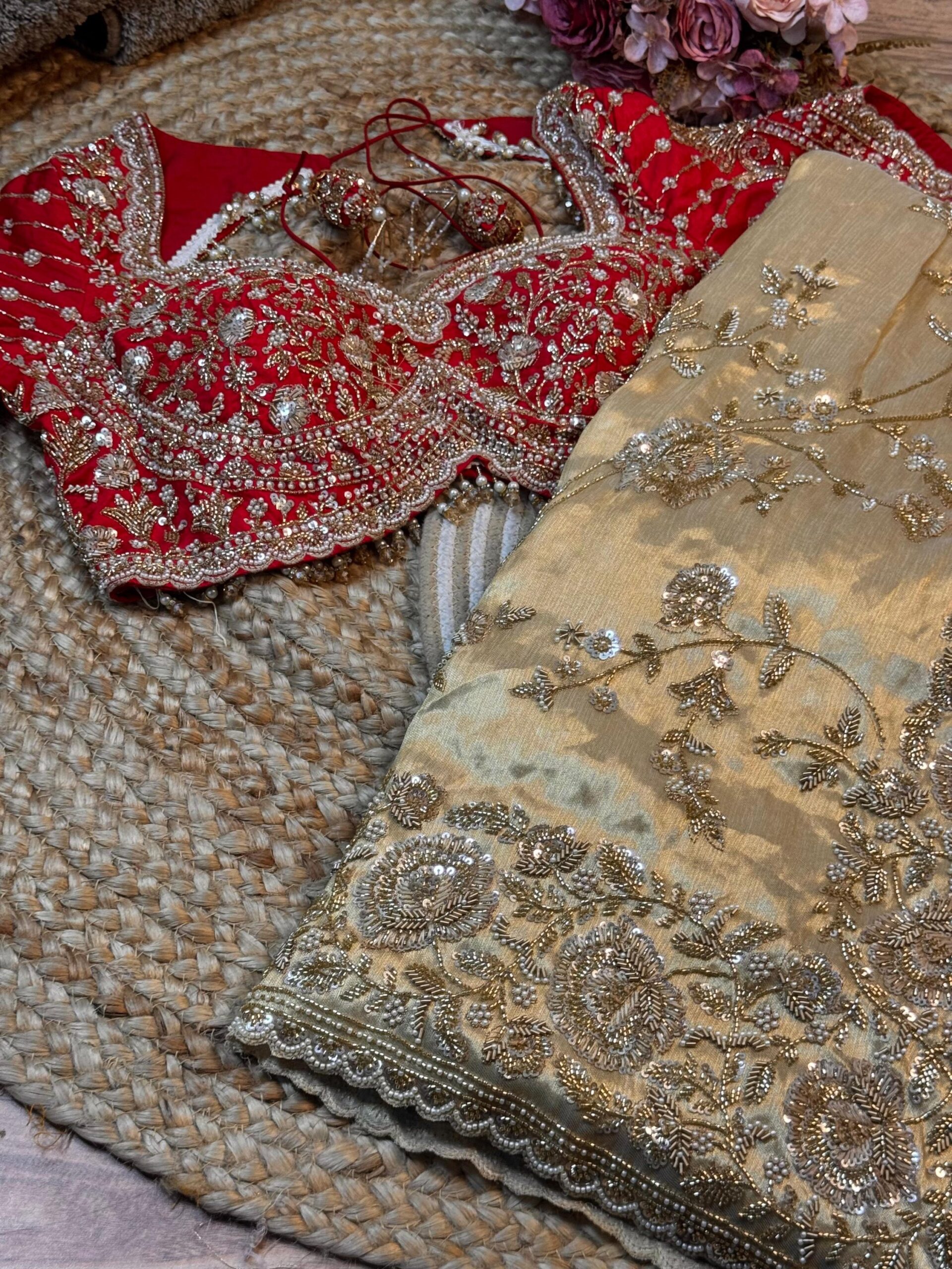 Luxury Kanjivaram Silk Saree with Heavy Dabka & Zari Work with Readymade Blouse - Champagne Gold (SC57111) - Image 2