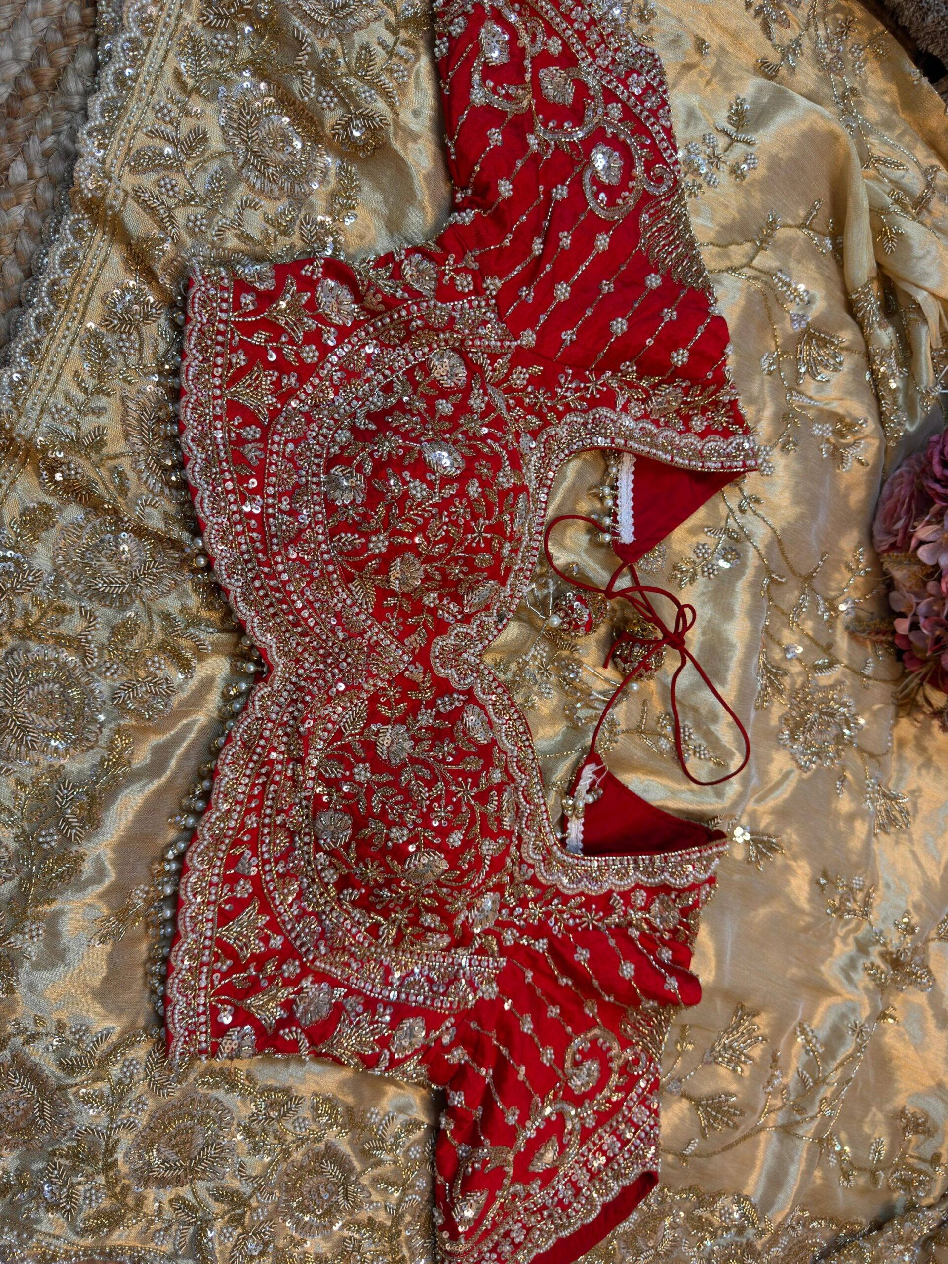 Luxury Kanjivaram Silk Saree with Heavy Dabka & Zari Work with Readymade Blouse - Champagne Gold (SC57111) - Image 6