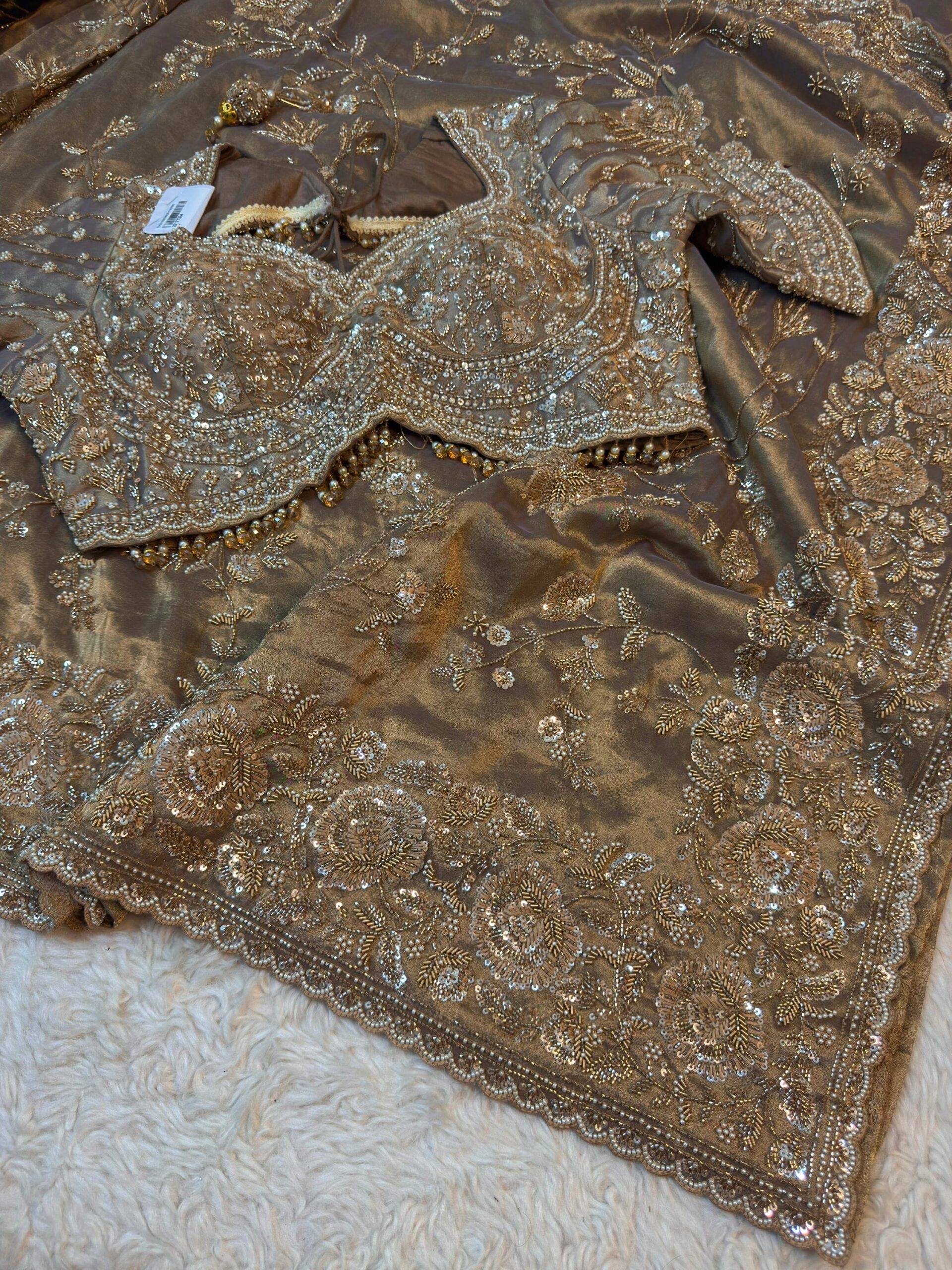 Luxury Kanjivaram Silk Saree with Heavy Dabka & Zari Work with Readymade Blouse - Taupe Beige (SC57113)