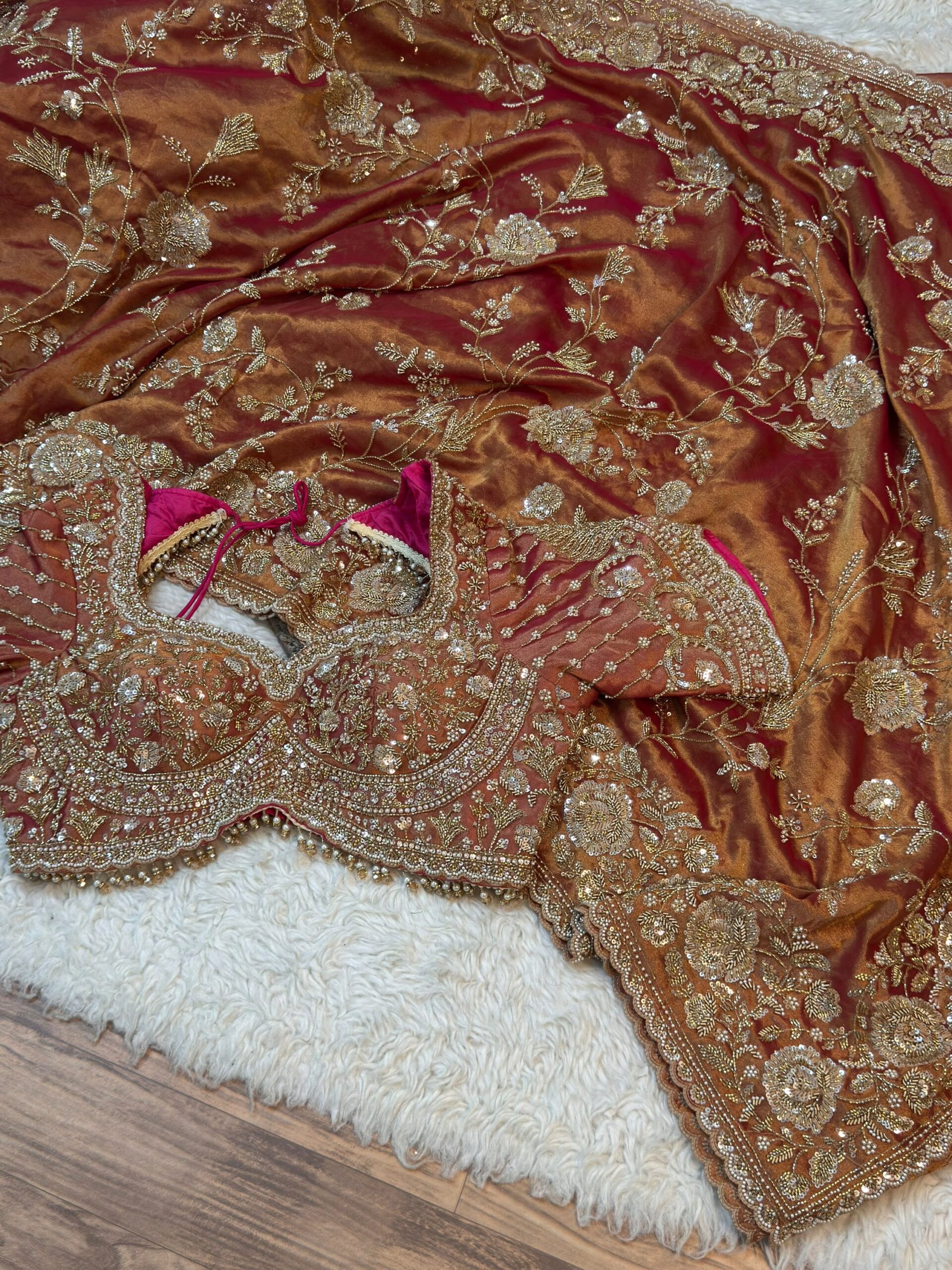 Luxury Kanjivaram Silk Saree with Heavy Dabka & Zari Work with Readymade Blouse - Copper Rust (SC57115) - Image 2