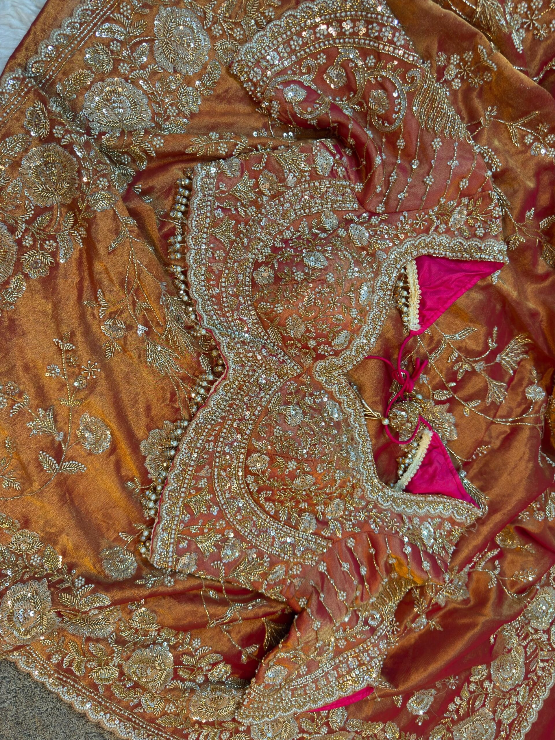 Luxury Kanjivaram Silk Saree with Heavy Dabka & Zari Work with Readymade Blouse - Copper Rust (SC57115) - Image 5