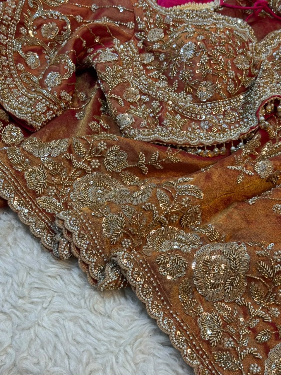 Luxury Kanjivaram Silk Saree with Heavy Dabka & Zari Work with Readymade Blouse - Copper Rust (SC57115) - Image 3
