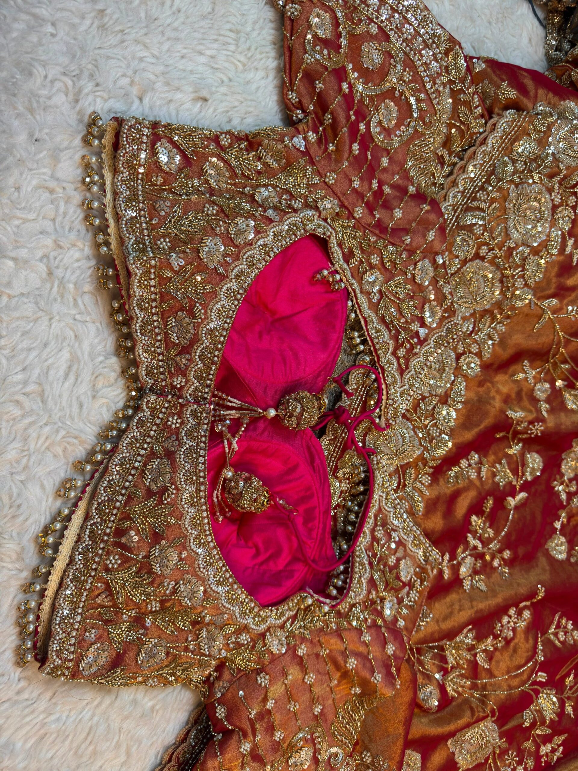 Luxury Kanjivaram Silk Saree with Heavy Dabka & Zari Work with Readymade Blouse - Copper Rust (SC57115) - Image 6