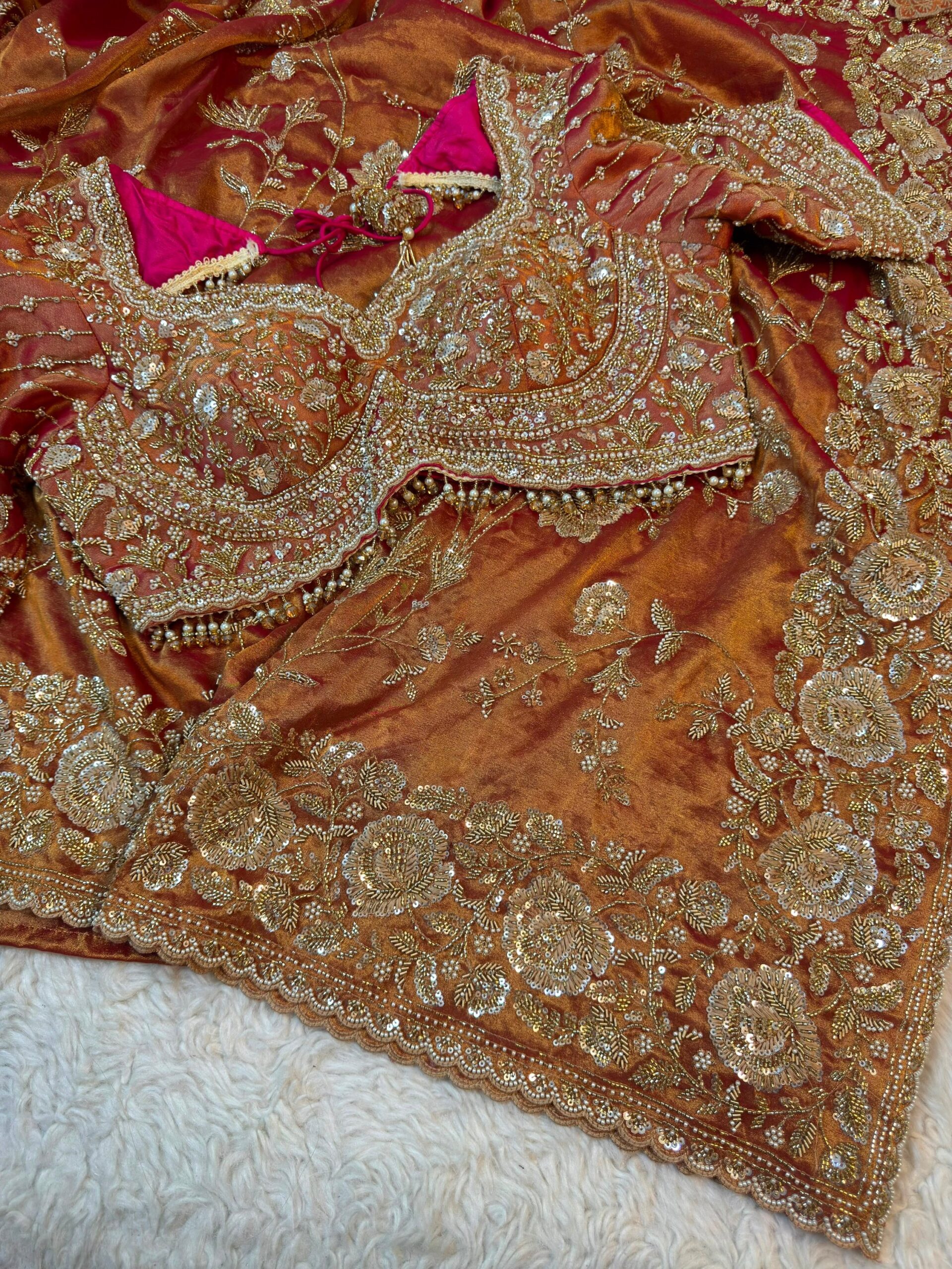 Luxury Kanjivaram Silk Saree with Heavy Dabka & Zari Work with Readymade Blouse - Copper Rust (SC57115)