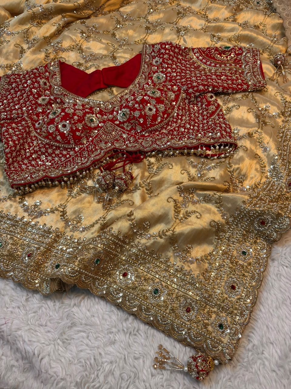 Luxury Silk Saree with intricate floral embroidery with Sequins, Beads & Zari Work with Readymade Blouse - Champagne Gold (SC59111)