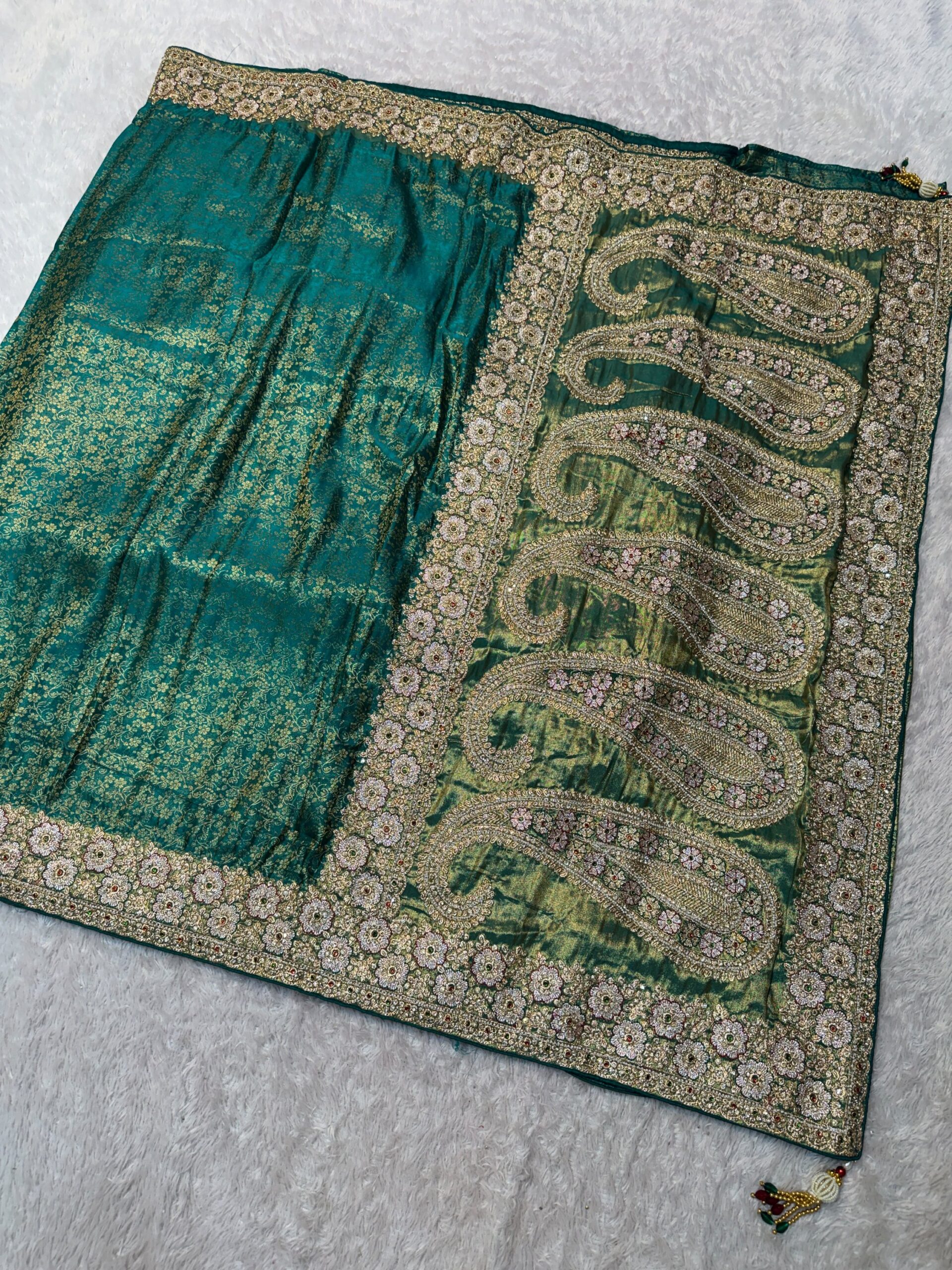 Luxury Banarasi Jacquard Silk Saree with Zardozi, Beads & Stone Work - Peacock Green (SC51226)