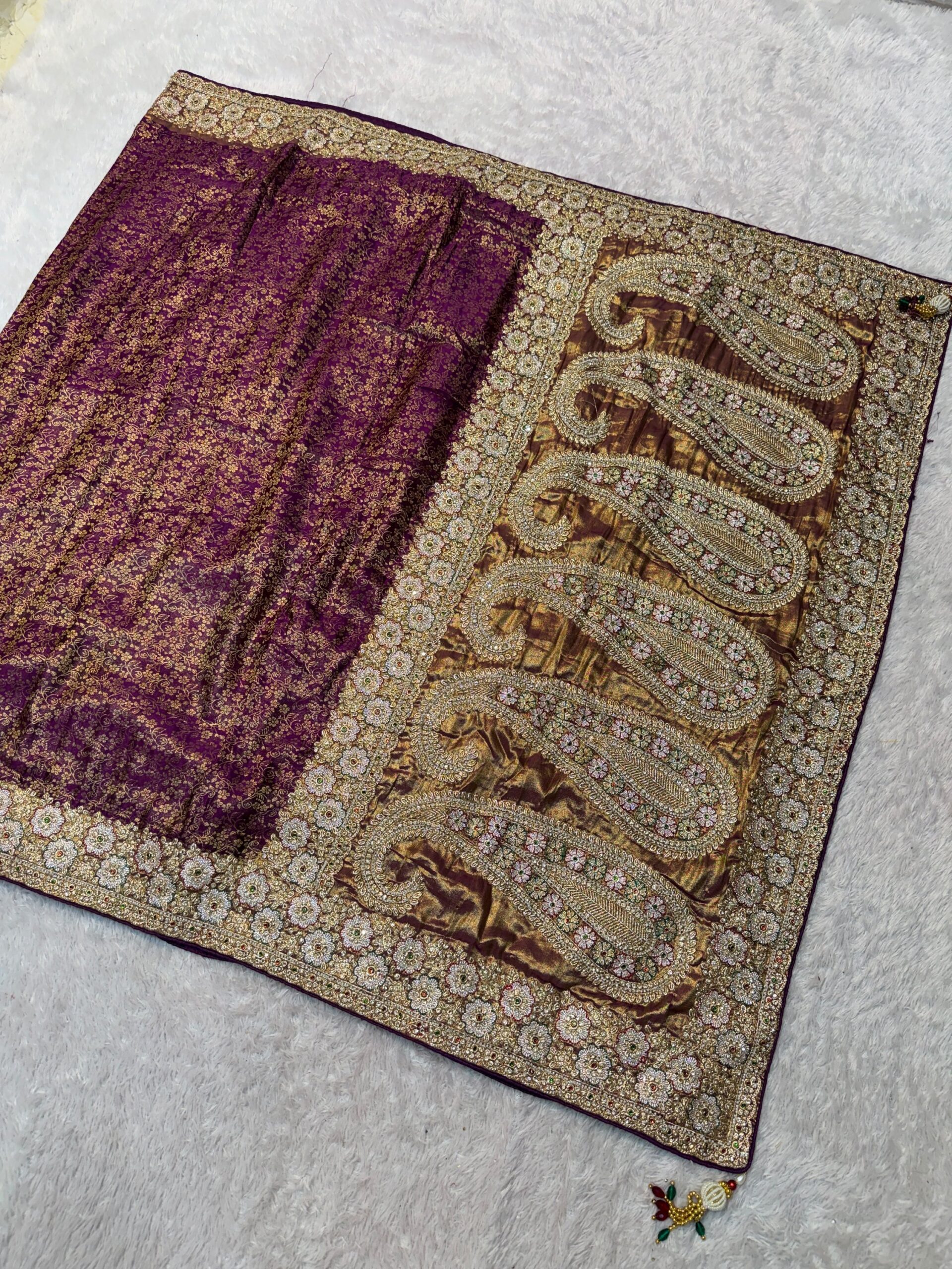 Luxury Banarasi Jacquard Silk Saree with Zardozi, Beads & Stone Work - Wine (SC51224)