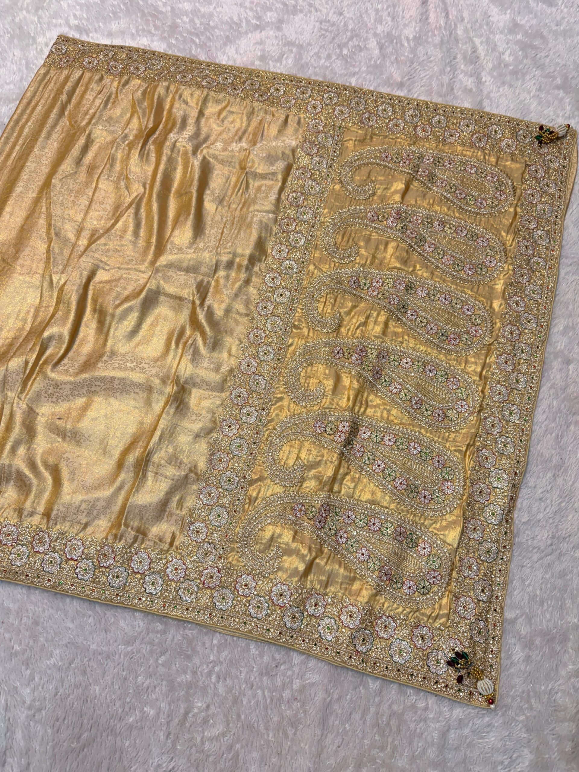 Luxury Banarasi Jacquard Silk Saree with Zardozi, Beads & Stone Work - Champagne Gold (SC51225)