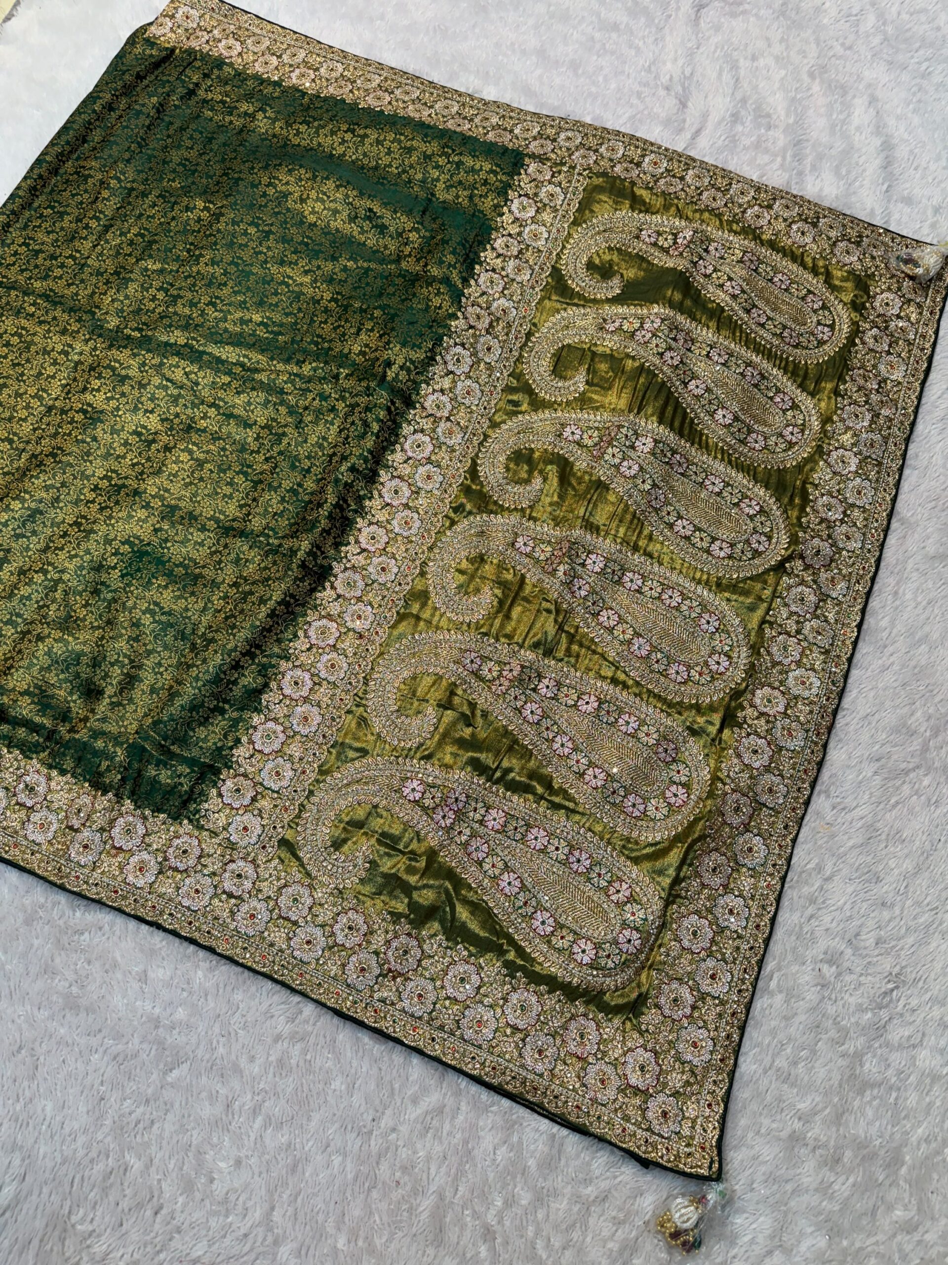 Luxury Banarasi Jacquard Silk Saree with Zardozi, Beads & Stone Work - Green (SC51227)