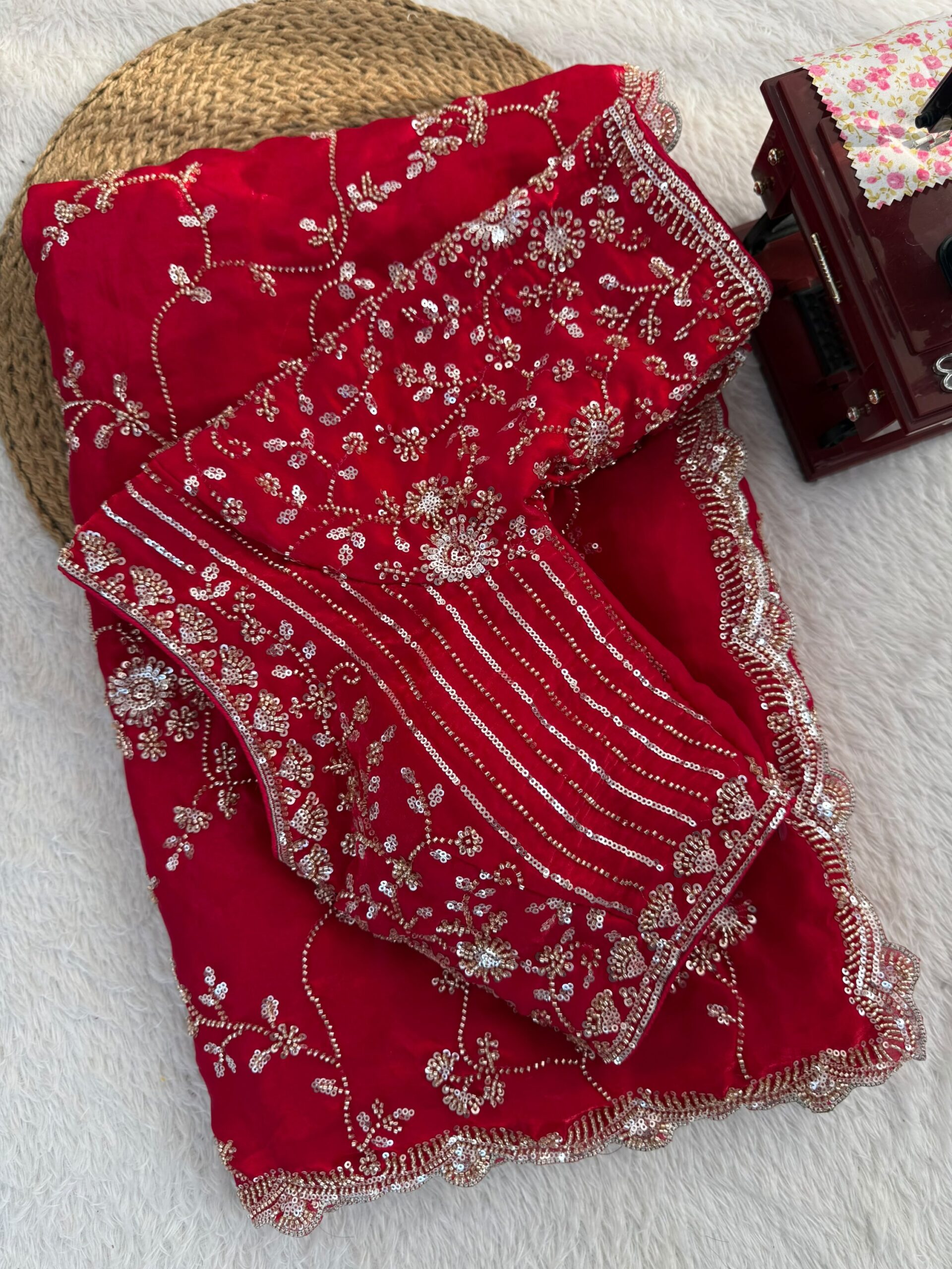 Luxury Designer Fandy Satin Silk Saree with Heavy Cutdana Beads & Sequins Embroidery Work with UnStitched Blouse Piece - Rani (SC67111) - Image 2