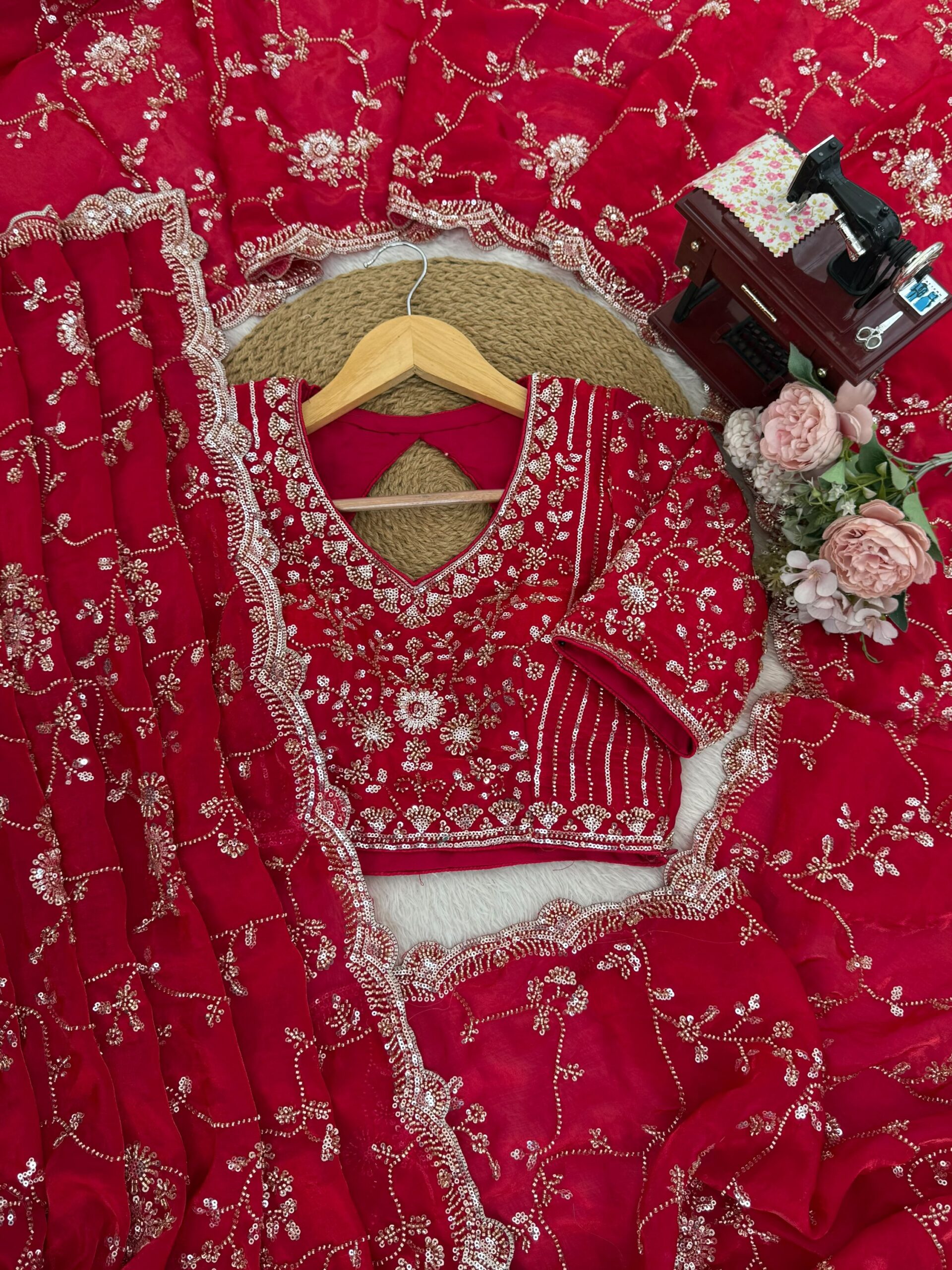 Luxury Designer Fandy Satin Silk Saree with Heavy Cutdana Beads & Sequins Embroidery Work with UnStitched Blouse Piece - Rani (SC67111)