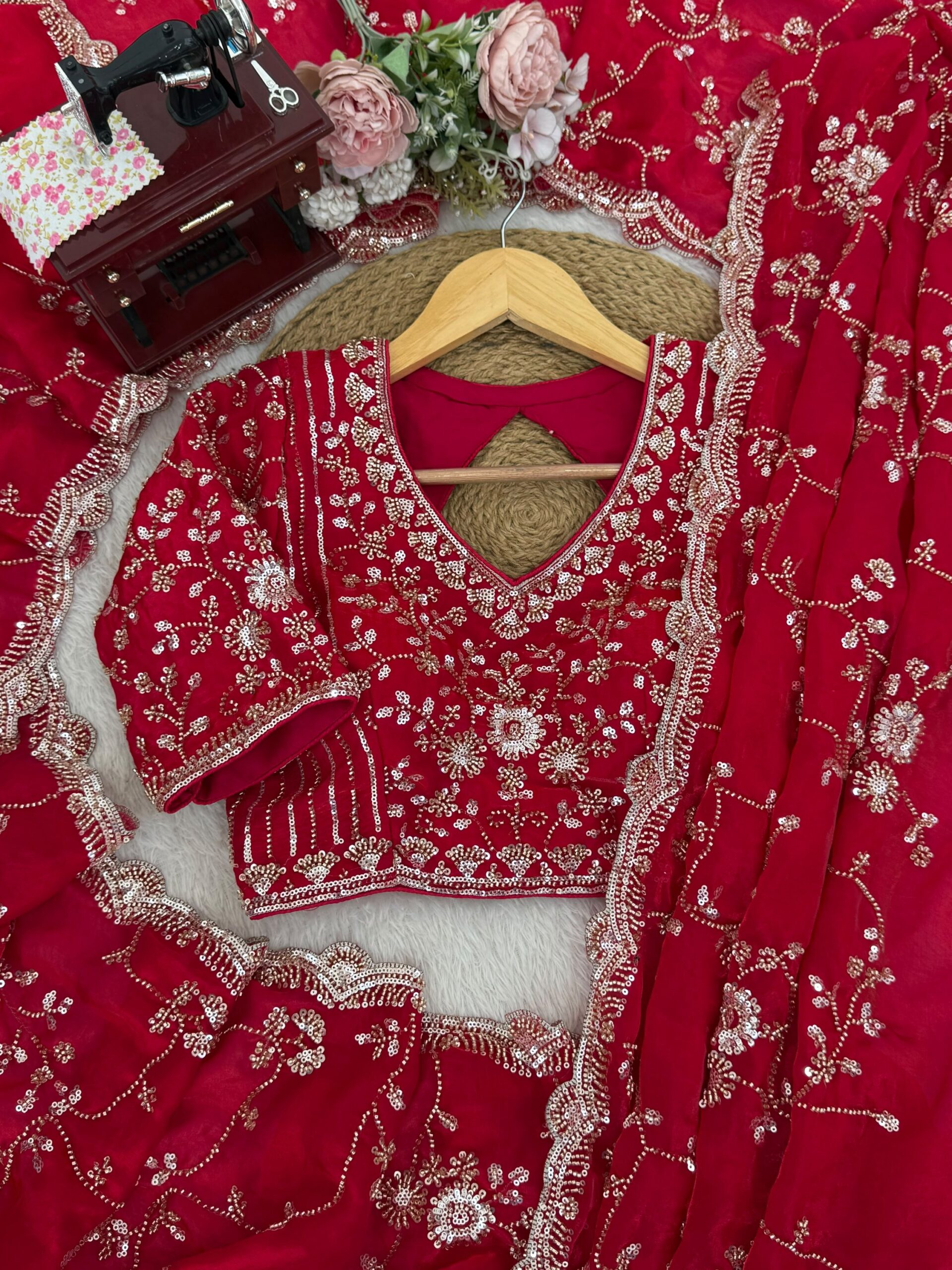 Luxury Designer Fandy Satin Silk Saree with Heavy Cutdana Beads & Sequins Embroidery Work with UnStitched Blouse Piece - Rani (SC67111) - Image 5