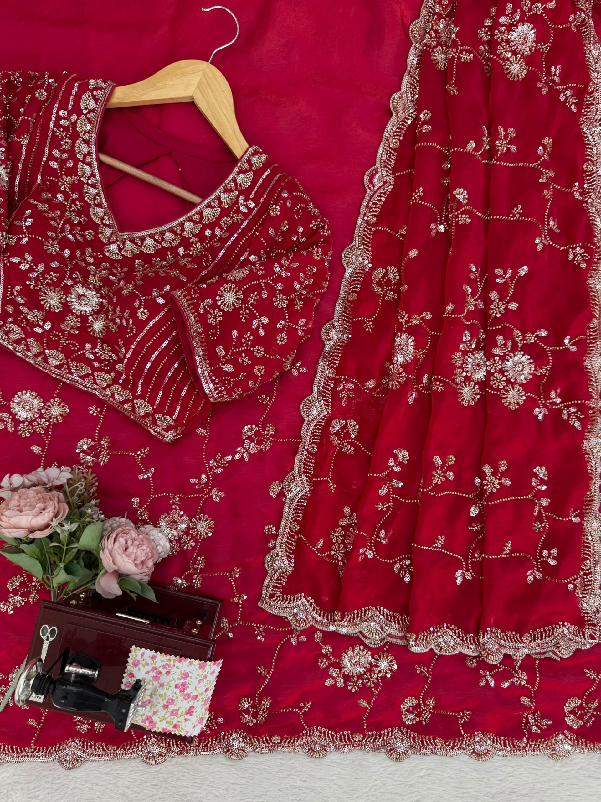 Luxury Designer Fandy Satin Silk Saree with Heavy Cutdana Beads & Sequins Embroidery Work with UnStitched Blouse Piece - Rani (SC67111) - Image 3